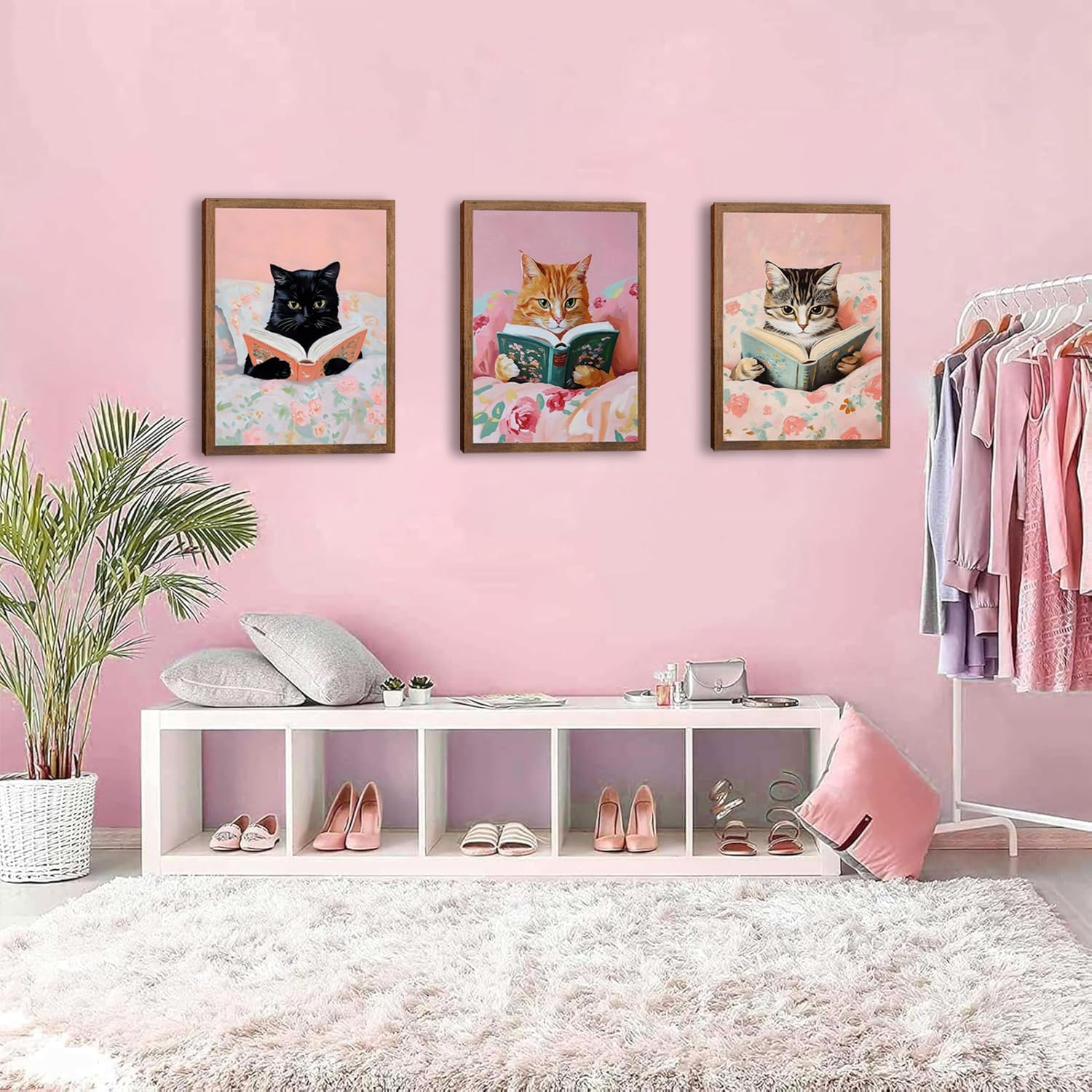Cute Cat Wall Art Set of 3, Vintage Funny Black Cat Book Canvas Wall Decor, Pink Animal Reading Books Picture Print for Boby Room Bedroom Living Room Home Decor 12x16 Wood Framed