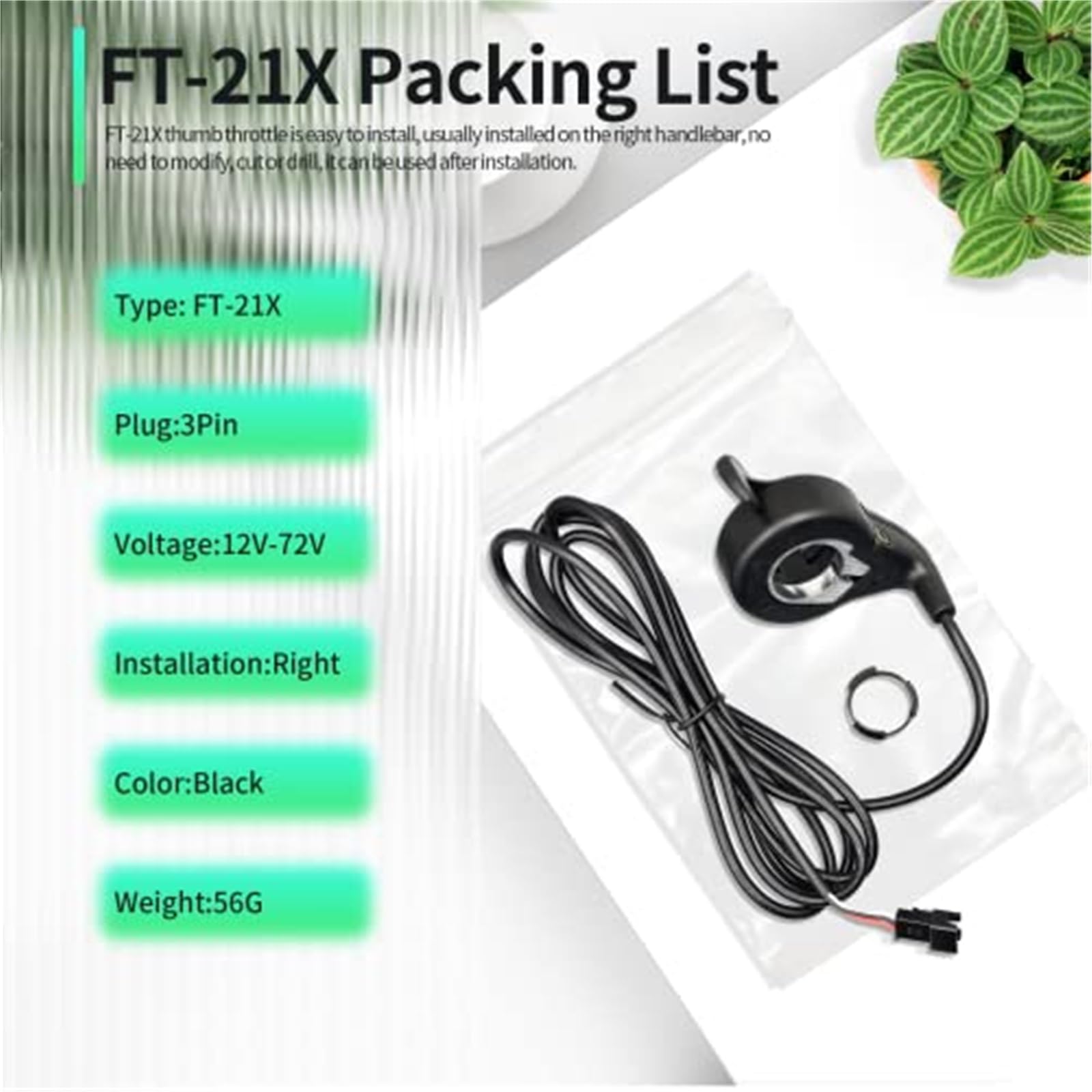 Acceleratore a pollice for bicicletta elettrica FT-21X, impugnatura destra, acceleratore a dito, controllo della velocità, for accessori for scooter elettrici Ebike E, compatibile con batterie