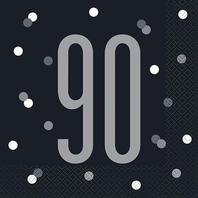 Unique 83551 Black Polka Dots 90th Birthday Luncheon Napkins Disposable | 16 Pcs, Age 90