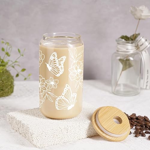 Miniatura 7 de Fairy's Gift Regalos de mariposa para mujeres, mamá, taza de café helado, vasos de vidrio con mariposas florales estéticas con tapas y pajitas,
