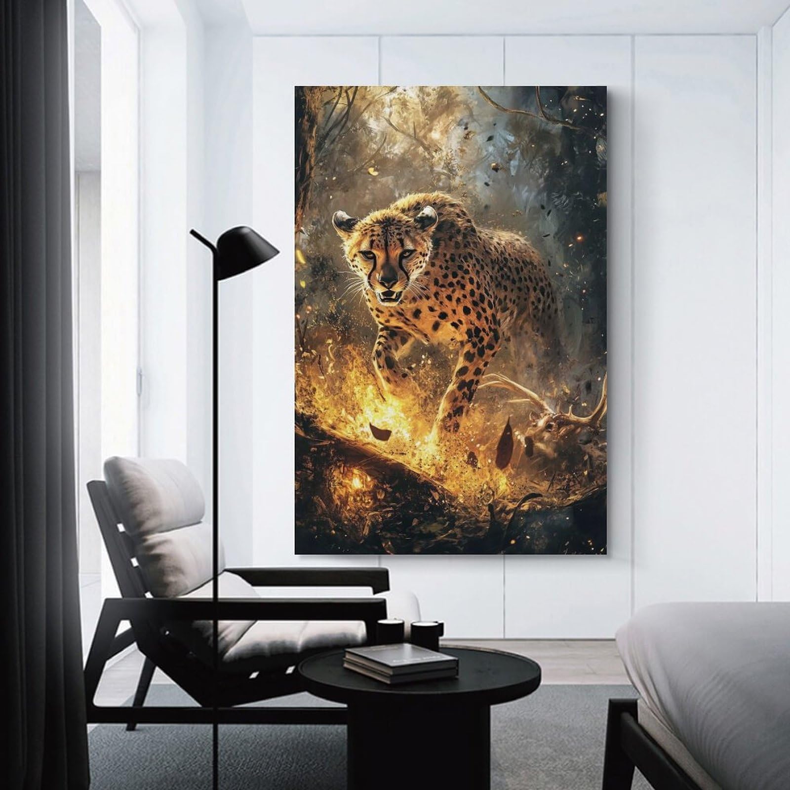 Junmoney Unframe-Style-13 Cheetah In Flames Home Decor Wall Art 24X36inch(60X90cm), For Bedroom, Guest Room Or Reading Nook, Decorative Wall Art For Cosy Rooms