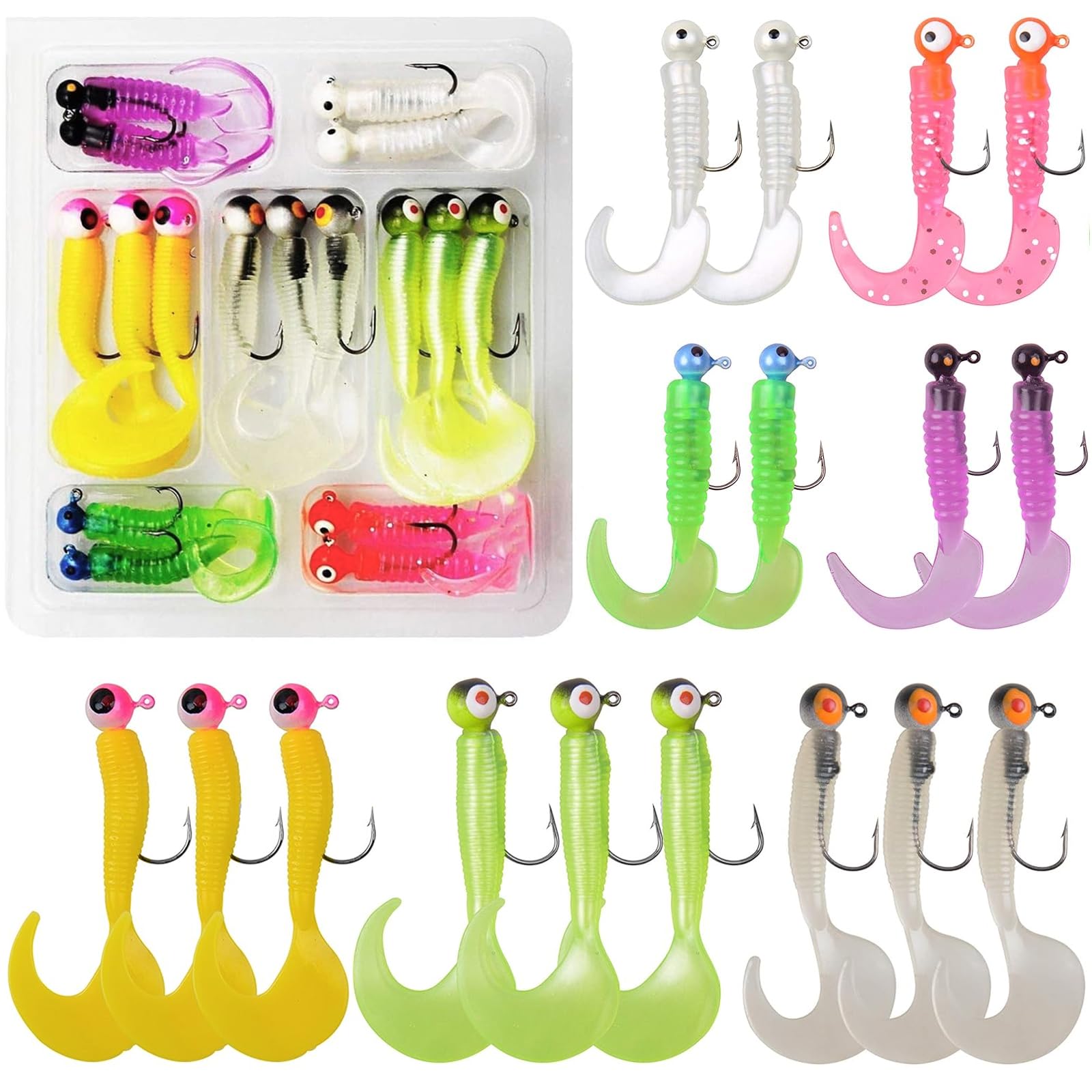 Soft Fishing Lures Jig Head Hooks Kit, 17pcs Crappie Jigs Soft Plastic Grub Tail Worm Lures Tackle for Bass Trout Saltwater Freshwater Fishing Mixed