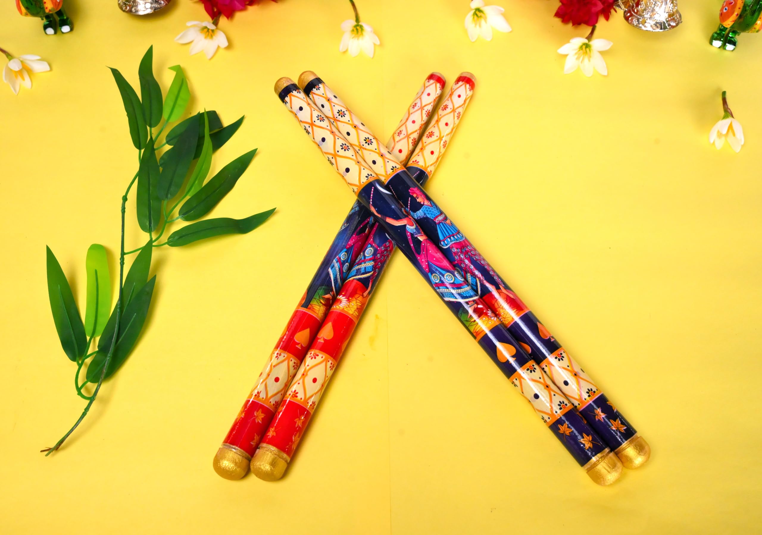 Premium Hardwood Raja Rani Dandiya Sticks | 37cm Garba Raas Sticks (22mm) with Traditional Print | Durable Festival Stick – Set of 2 Pairs (175g Per Pair)-image-16