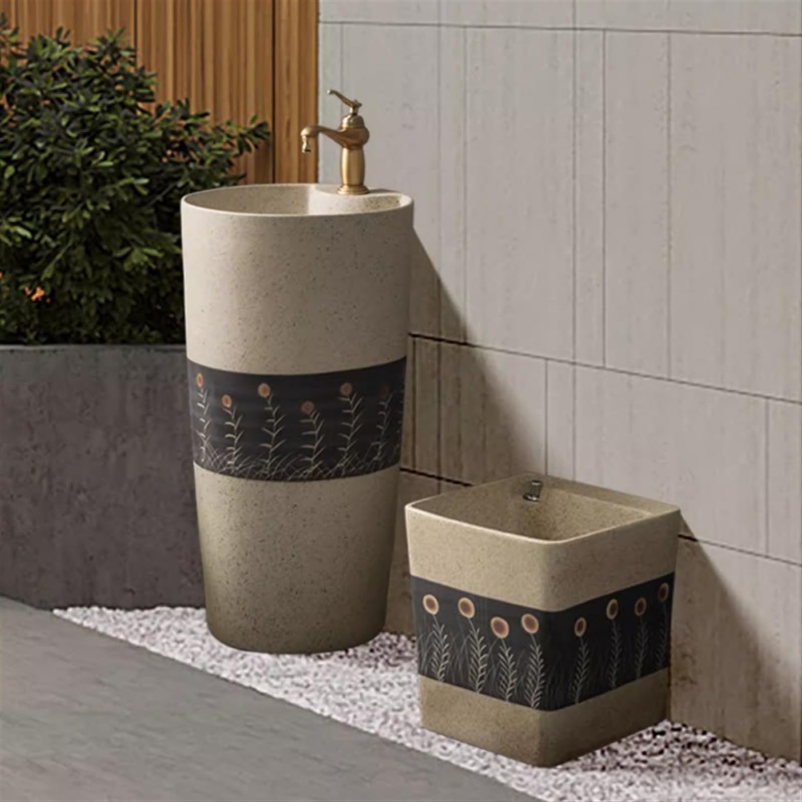 Lavabo de cerámica con columna tallada, fregadero de pie con un solo agujero para grifo, combo de una pieza para interiores y exteriores, talla A, B-One Size