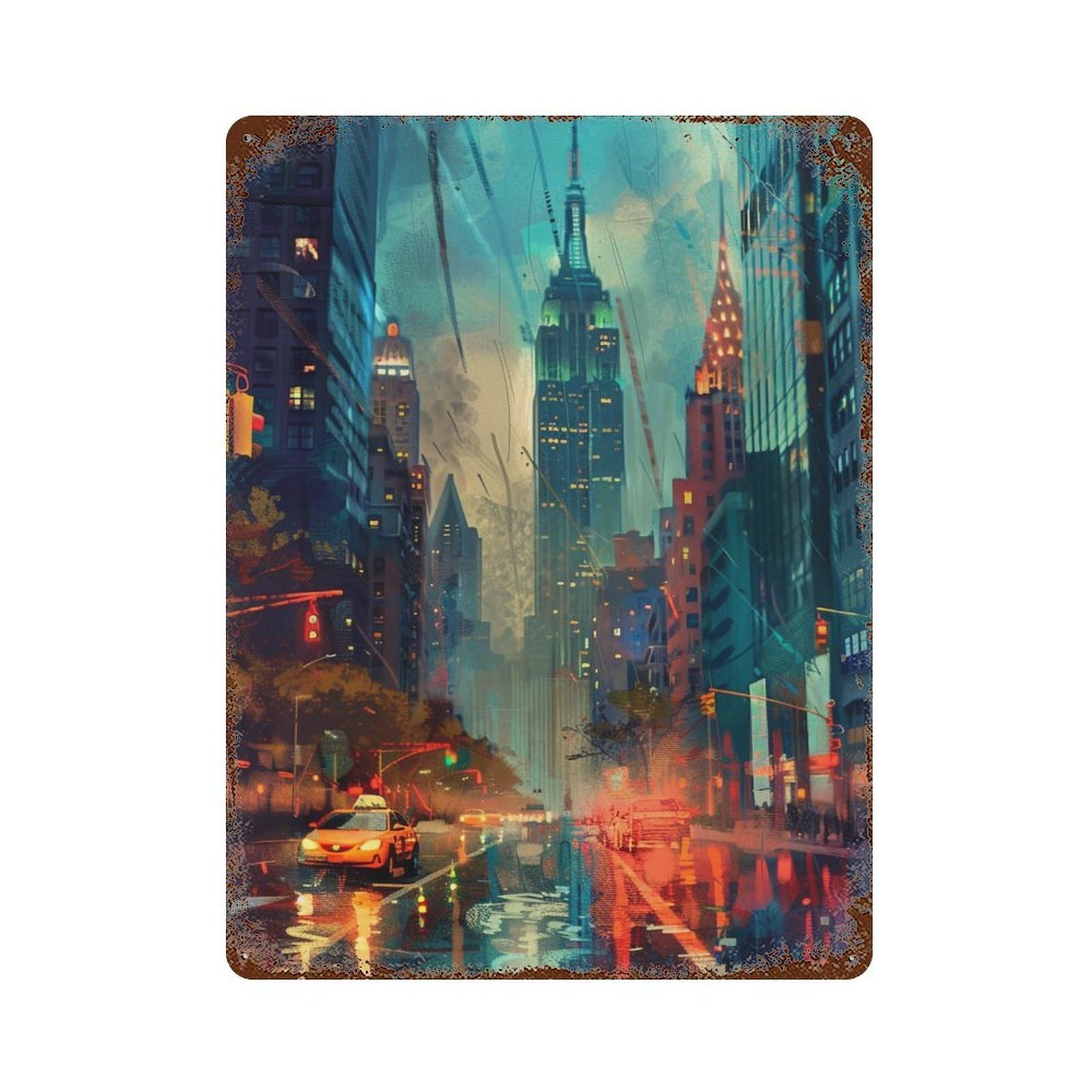 Rainy Cityscape with Taxi Rust Effect Tin Sign 15.7"x11.8", Vintage Wall Decor for Pub, Kitchen And Man Cave Decor