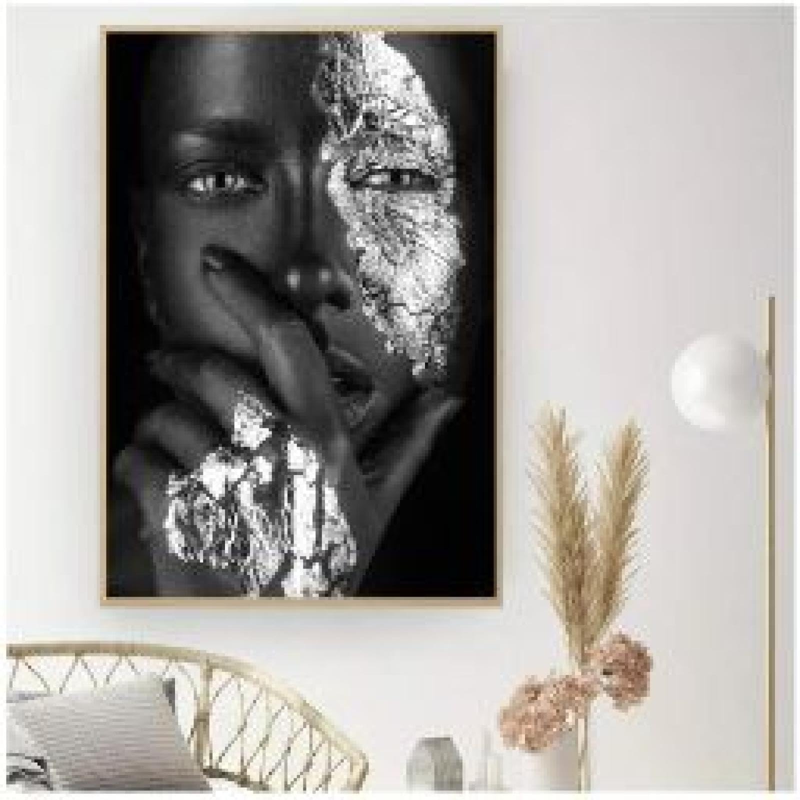 Dunkelhäutiges Mädchen mit silbernem Make-up, Gemälde afrikanischer Kunst, schwarze Frauen, Gemälde afroamerikanischer Kunst für das Wohnzimmer mit goldenem Rahmen, 80 x 140 cm