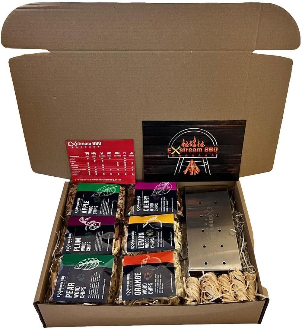 Exstream BBQ Fruit Wood Chip Selection Box - Apple, Cherry, Lemon, Orange, Pear, Plum - Includes Smoker Box, Flavour Chart Magnet & Wood Wool Firelighter