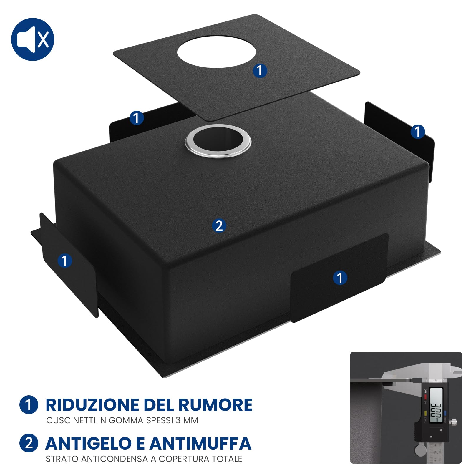 CECIPA 60x49 cm Lavello Nero 1 Vasca in Acciaio Inox, Lavandino Cucina 1 Vasca con Dispenser Sapone e Cestello, Lavello Cucina per Mobile da 60cm, da Incasso o Banco, con Sifone e Scarico