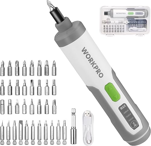 WORKPRO - Destornillador eléctrico de 4 V, juego de destornillador inalámbrico recargable con 35 puntas, barra de extensión, cable de carga USB