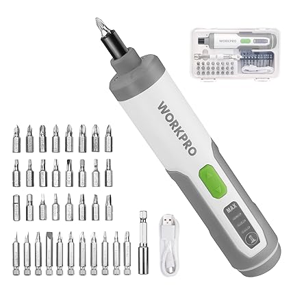 WORKPRO 4V Electric Screwdriver, Rechargeable Cordless Screwdriver Set with 35 Bits, Extension Rod, USB Charging Cable in Carrying Case, LED Light