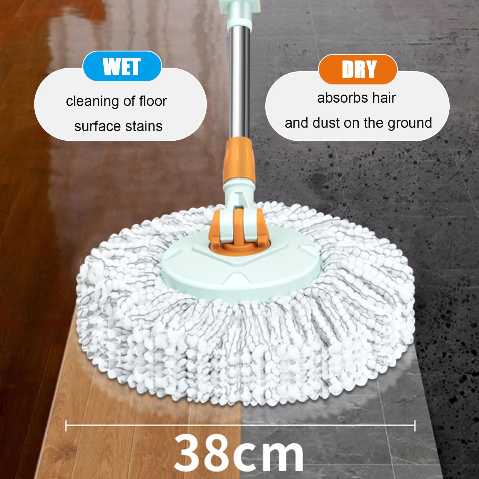 Este Cubo de fregona de Microfibra con Mango telescópico y Giro de 360° Incluye una Cesta escurridora Desmontable, es Ideal para la Limpieza de Suelos en húmedo y Polvo, e Incluye 5 Recambio