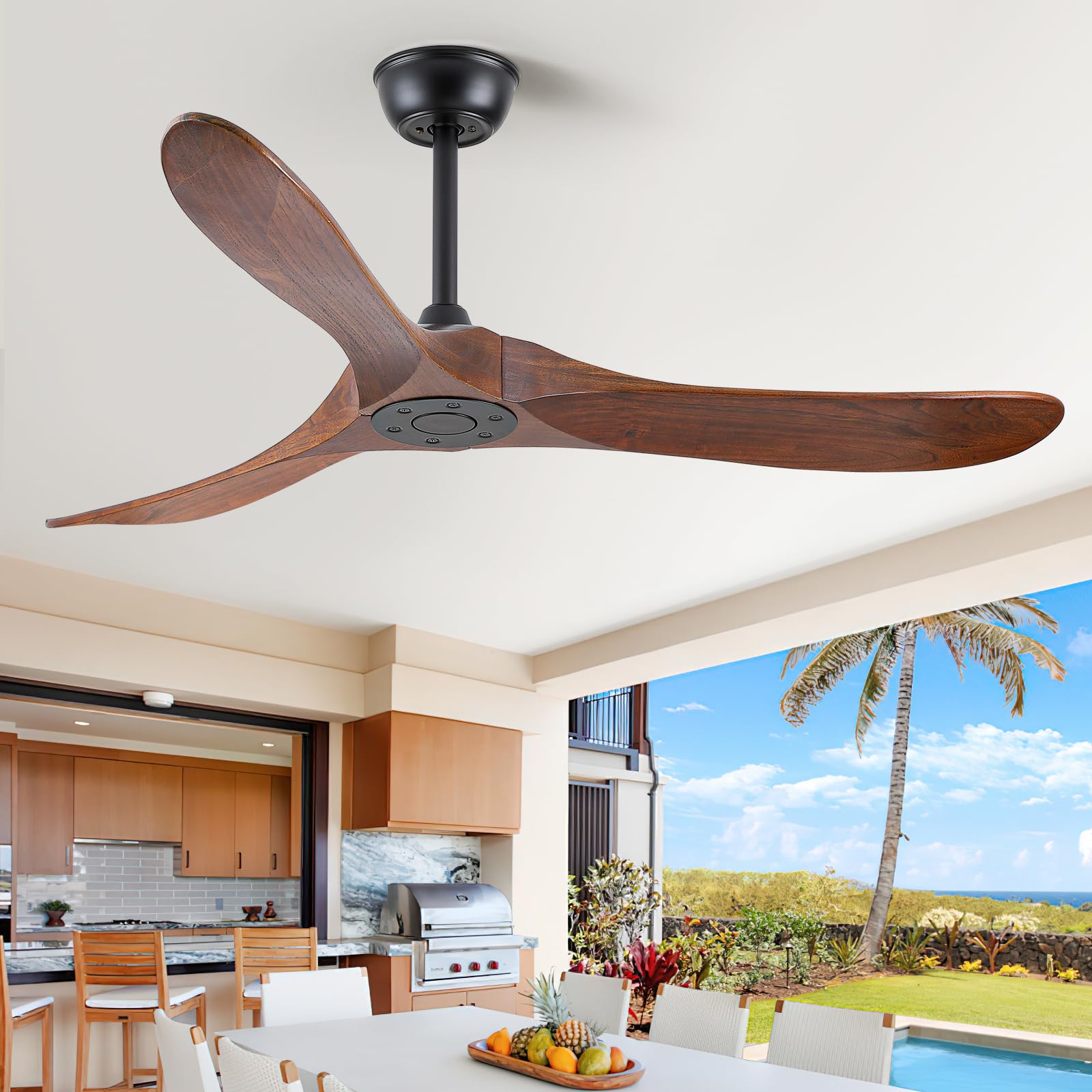 SZATOWL 52 Inch Ceiling Fan with Remote Control, Solid Wood, 6-Speed DC Motor, 3 Reversible Walnut Wooden Blades, 1/4/8 Hour Timer, Quiet & Energy