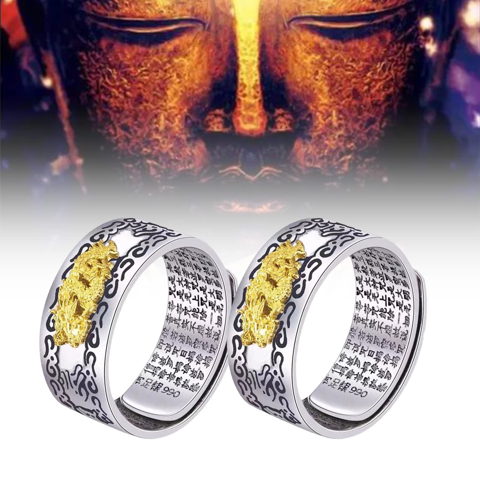 MXRS Feng Shui Pixiu Mantra Ring, 2PCS Adjustable Silver Ring - For Wealth & Protection, Good Luck