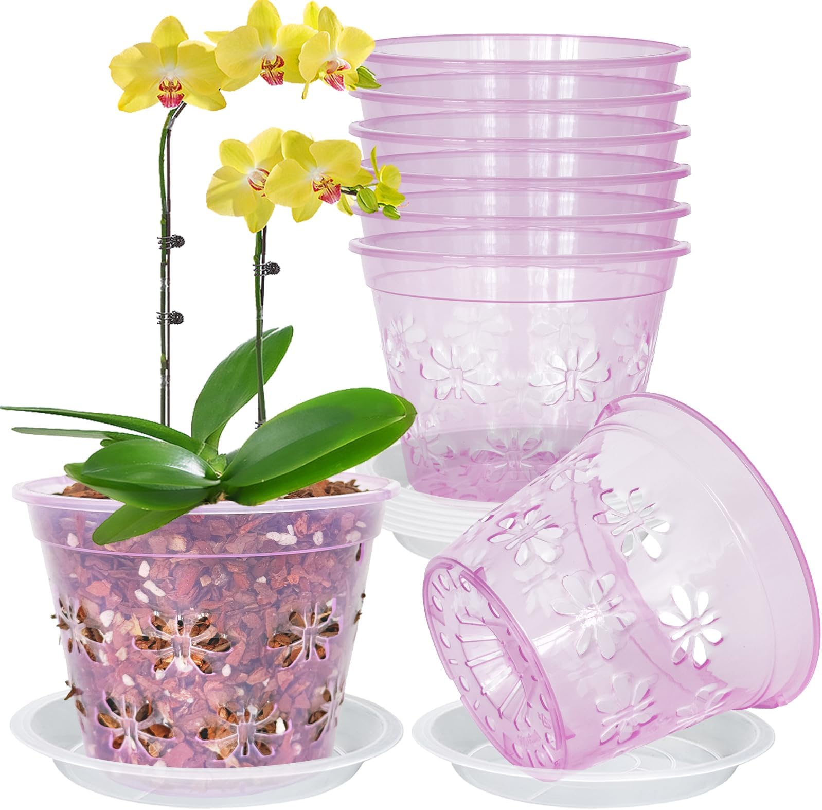 Orchid Pot, 8 Pack Orchid Pots with Holes & Saucers, Clear Plastic Pot for Repotting, Breathable Ventilation Planters for Phalaenopsis, Dendrobium & Oncidium Orchids(5 inch, red)