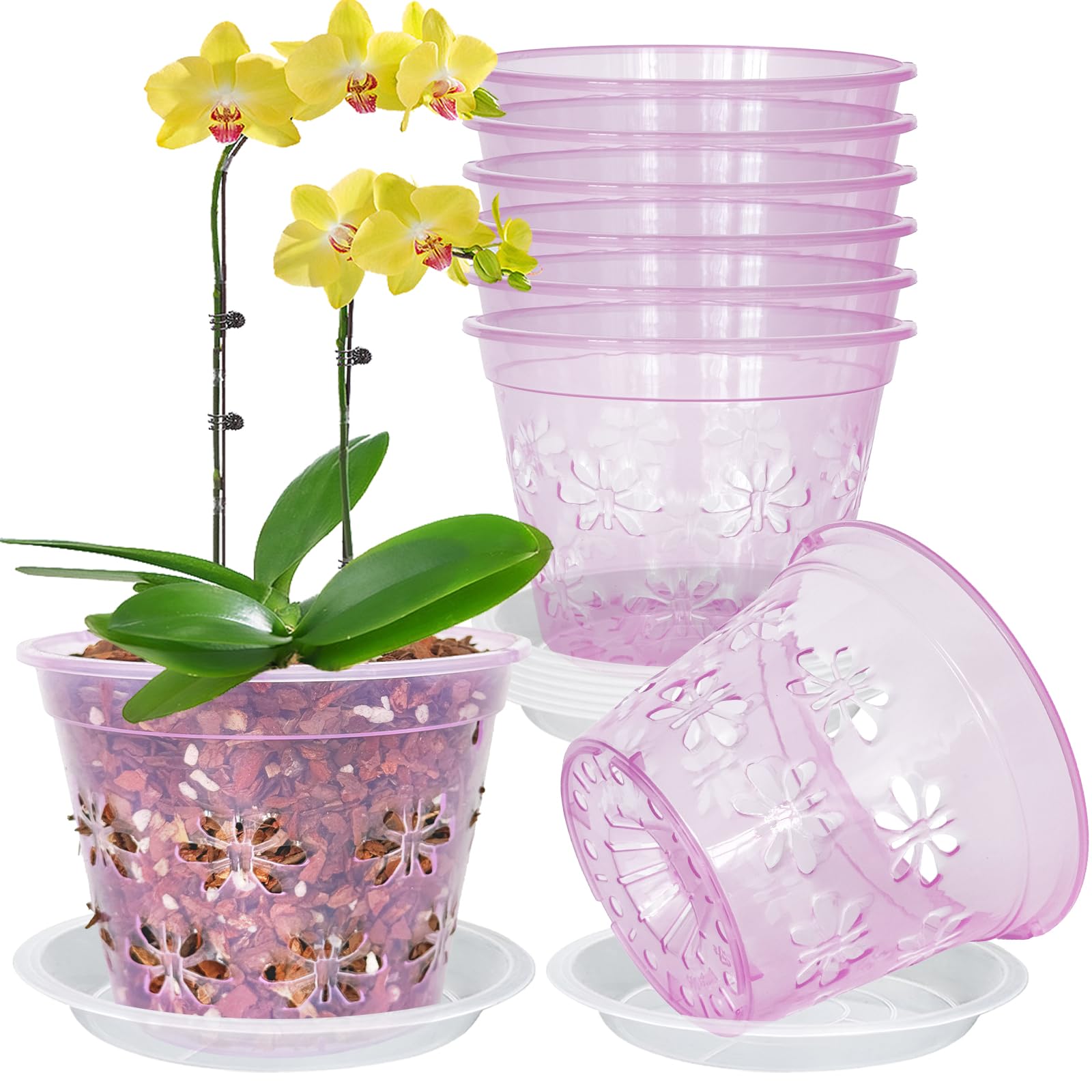 Orchid Pot, 8 Pack Orchid Pots with Holes & Saucers, Clear Plastic Pot for Repotting, Breathable Ventilation Planters for Phalaenopsis, Dendrobium & Oncidium Orchids(4 inch, red)