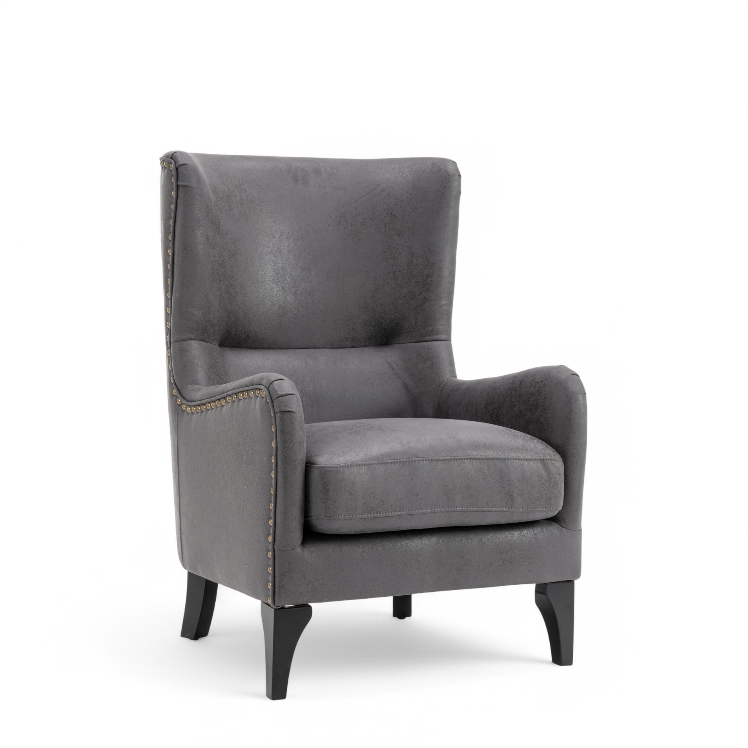 Stunning Chairs Grey Faux Leather Wingback Armchair – High Seat Armchair with Wooden Legs, Classic High Back Design, Elegant Fireside Chair, Wing Chair for Living Room, Bedroom