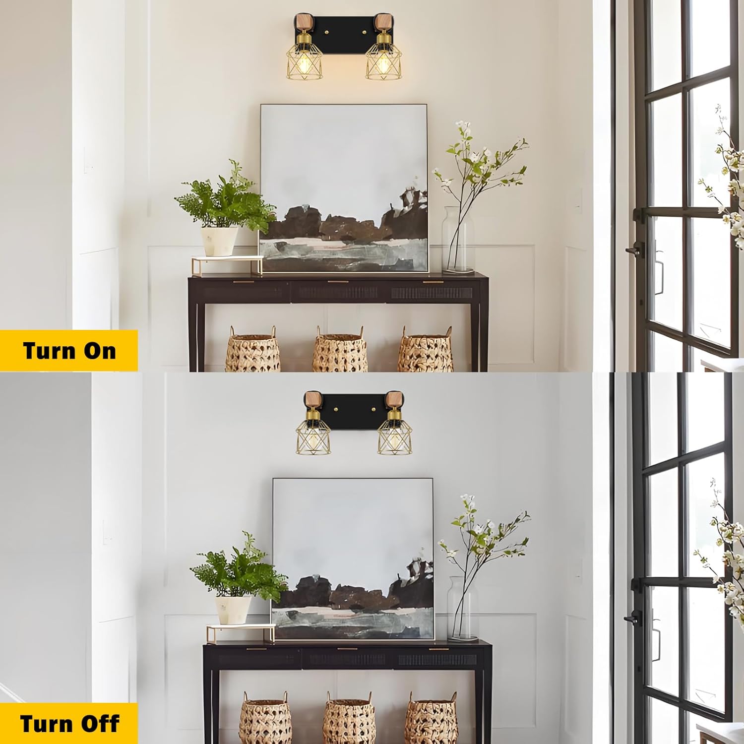 FadimiKoo Rustic Style Wood Bathroom Wall Sconces, 2-Light Black Gold Bathroom Vanity Light Fixtures with Metal Shade, Light Fixtures Wall Mount for Living Room, Hallway, Dressing Table