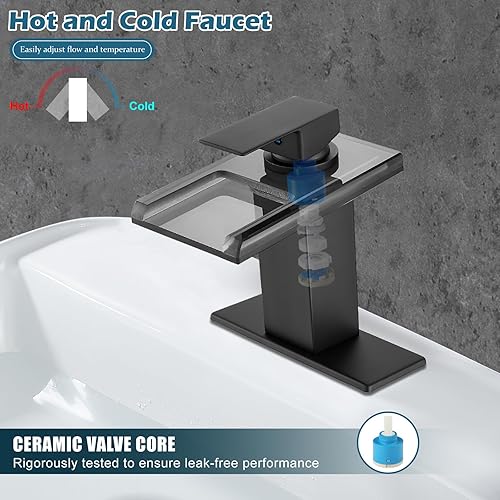 Miniatura 6 de Midanya Grifo de lavabo de baño LED negro mate, grifo de baño con boquilla de vidrio abierto en cascada, mango único, 3 colores cambiantes, grifos