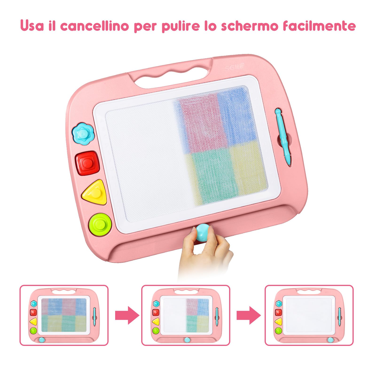 SGILE Grande Tavolo da Disegno Magnetico - Blocco per Scarabocchi in 4 Colori 42×33 cm con 4 Timbri per Bambini, Tavolo da Disegno Incisione Regalo per Bambini di 36 Mesi e Ragazze, Rosa chiaro