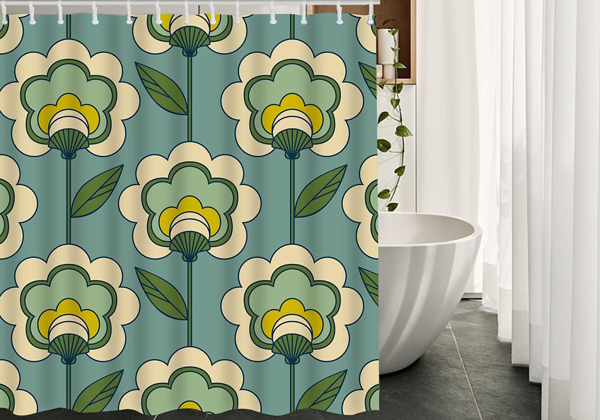 AOYEGO Retro Green Flowers Long Shower Curtain with Hooks Seventies Sixties Decor Style Design Repeat Floral Fabric Shower Curtain Large Polyester 72x84 Inch for Bathrooms Bathtubs