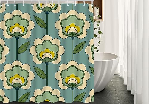 Miniatura 2 de AOYEGO Cortina de ducha larga con ganchos, diseño de estilo de decoración de los años setenta y sesenta, cortina de ducha de tela floral de