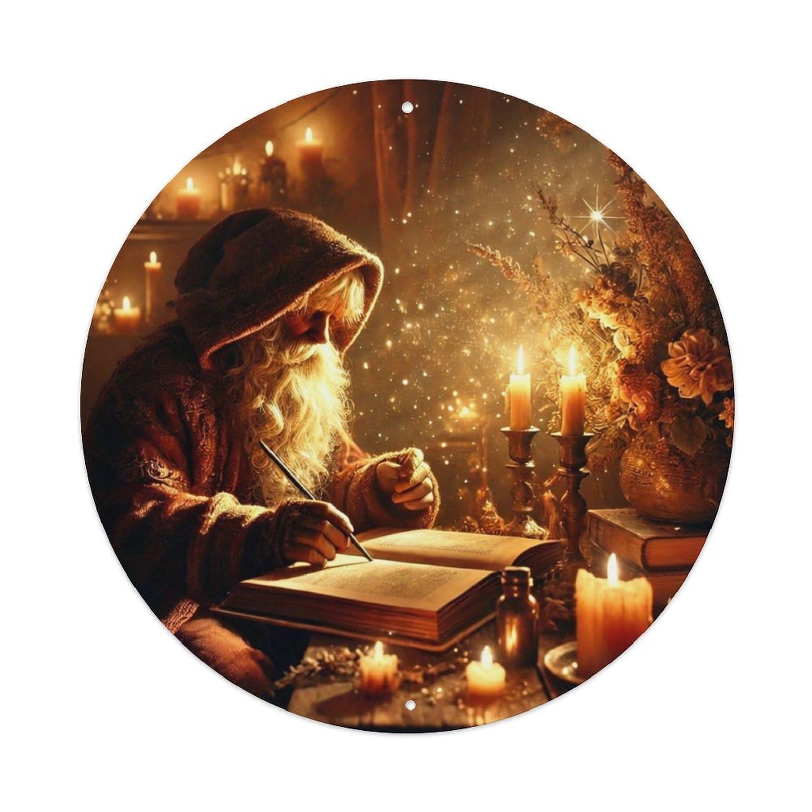 Magical Santa Writing Book Candlelight Retro Metal Sign Round Tin Sign, Vintage Decor Art Poster for Bar, Home, Man Cave, Kitchen, Laundry Room Gift 8x8Inch