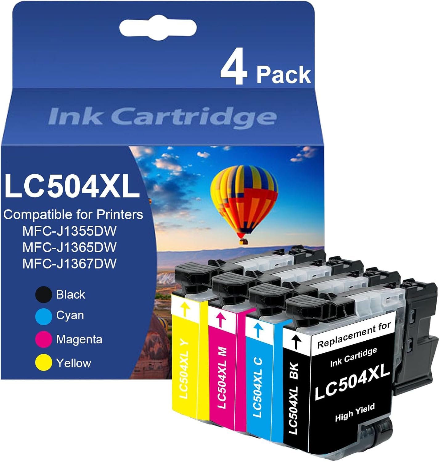 High Yield LC504 LC504XL Ink Cartridges LC504XLBK LC504XLC LC504XLM LC504XLY Ink Replacement for INKvestment 1355 1365 1367 MFC-J1355DW MFC-J1365DW MFC-J1367DW (4 Pack-Black/Cyan/Magenta/ Yellow)