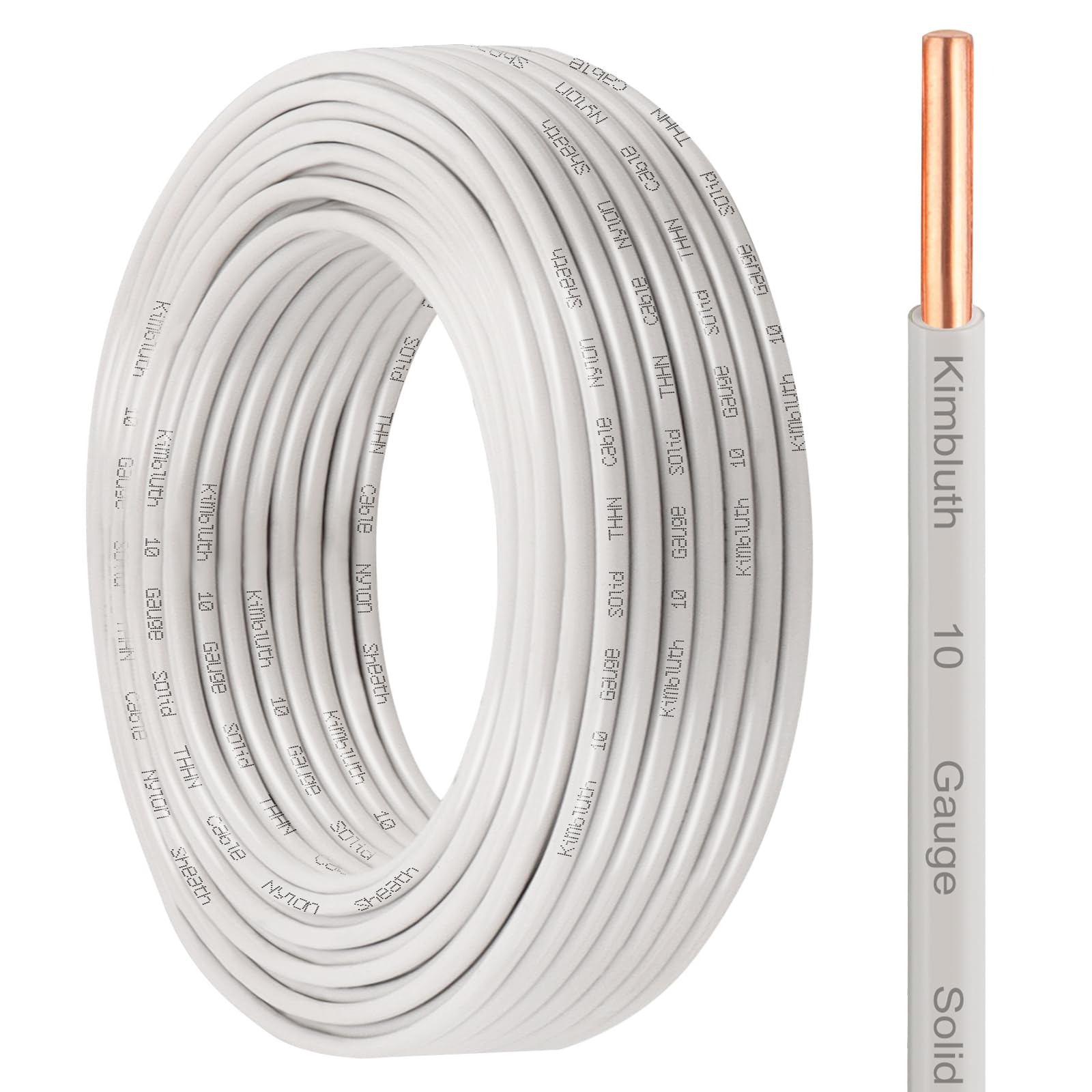 THHN Wire 10 Gauge 50 FT OFC Electrical Wire, 10 AWG Solid Copper Wire Rated up to 600V Building Wire Nylon Jacket for Residential, CNC, Ground, Industrial (10 Gauge, White)
