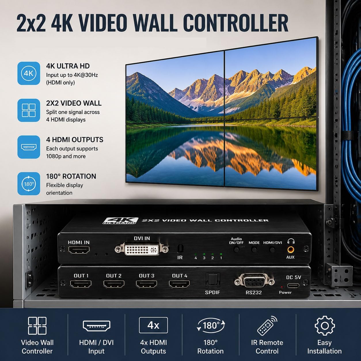 2x2 4k Video Wall Controller, Transform 4 TV Screens into a Single Wall Display with HDMI & DVI 4K Input, 180° Rotation, Audio Output, IR Remote/RS232/Button Press Control image 4