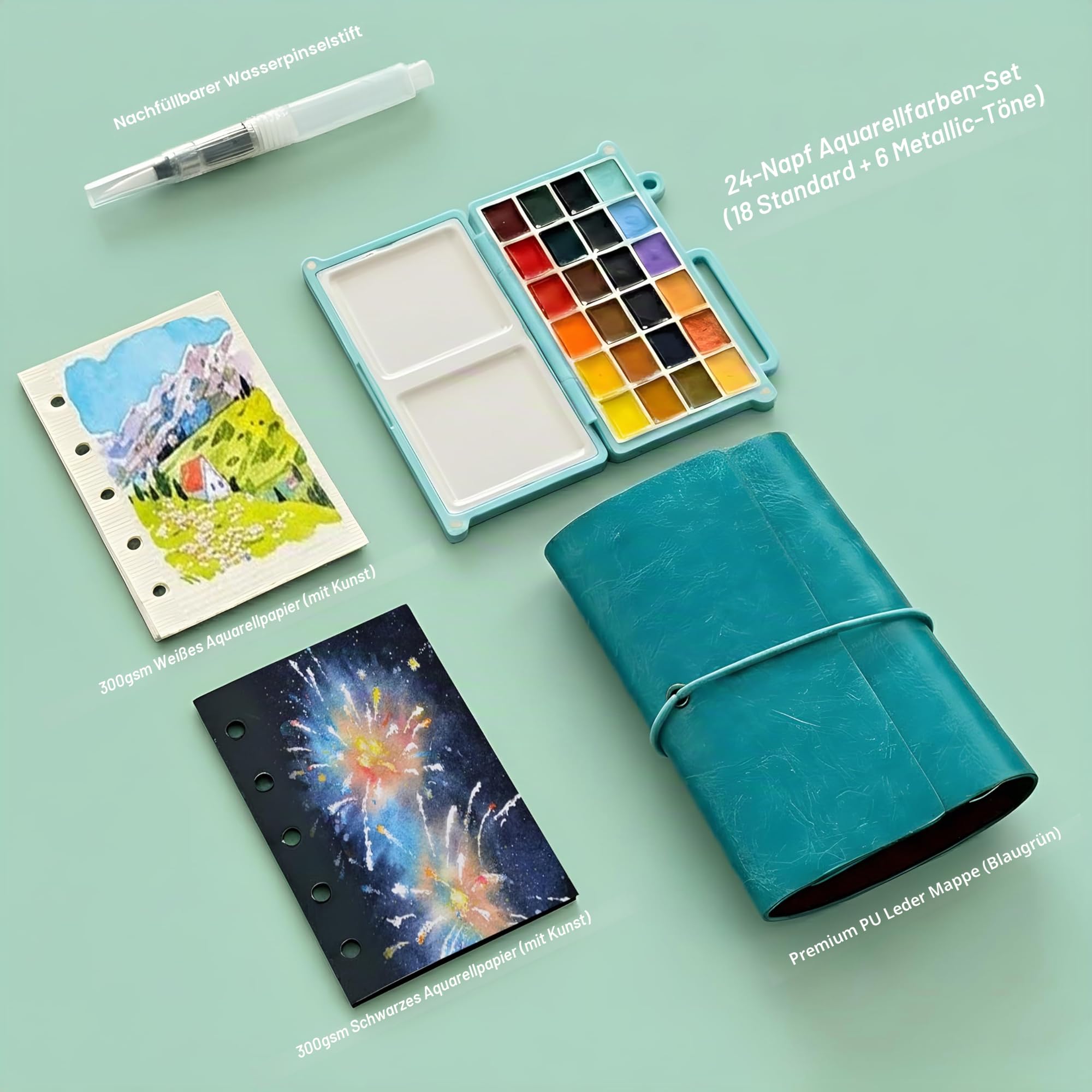 DarkWish Reiseaquarellkasten (Passgröße) - Profi Aquarell Set, 24 Farben (+ 6 Metallic) & 300g Papier (Schwarz/Weiß), PU-Leder Ringbuch für Urban Sketching, Plein Air & Künstler Geschenk