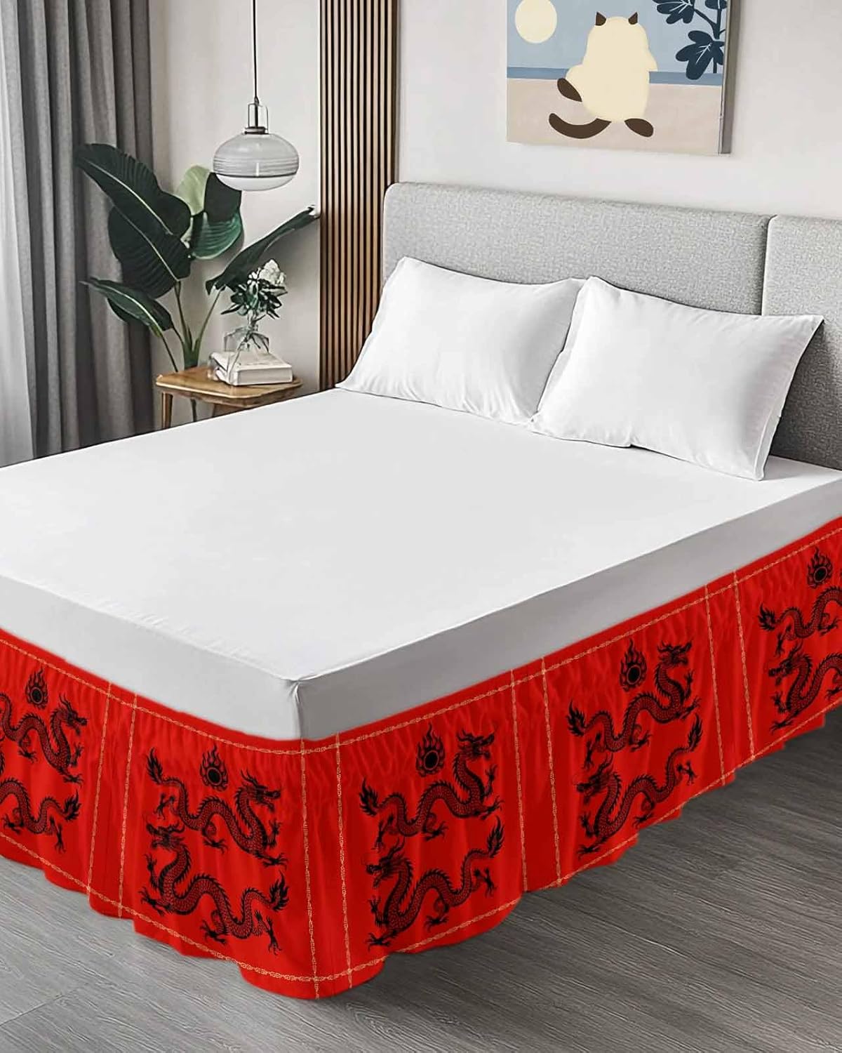 Traditional Dragon Bed Skirt King Size 18 Inch Drop, Adjustable Elastic Wrap Around Bed Skirts Pleated Bed Ruffles Bedskirt Valance for Bedroom Hotel Oriental Chinese Red Gold Black