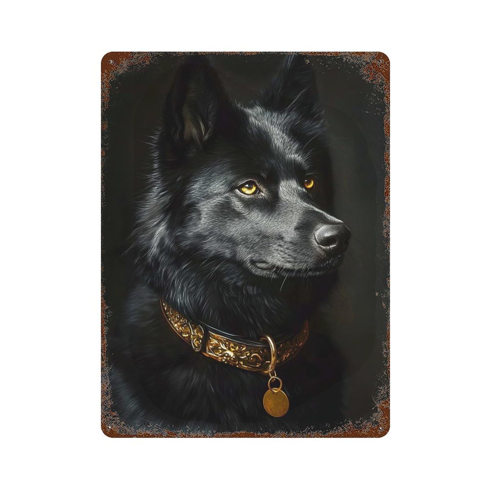 Rust Effect Black & Gold Husky Rustic Tin Plaque 15.7"x11.8", Industrial Home Decor for Bistro, Counter And Cafe Decor