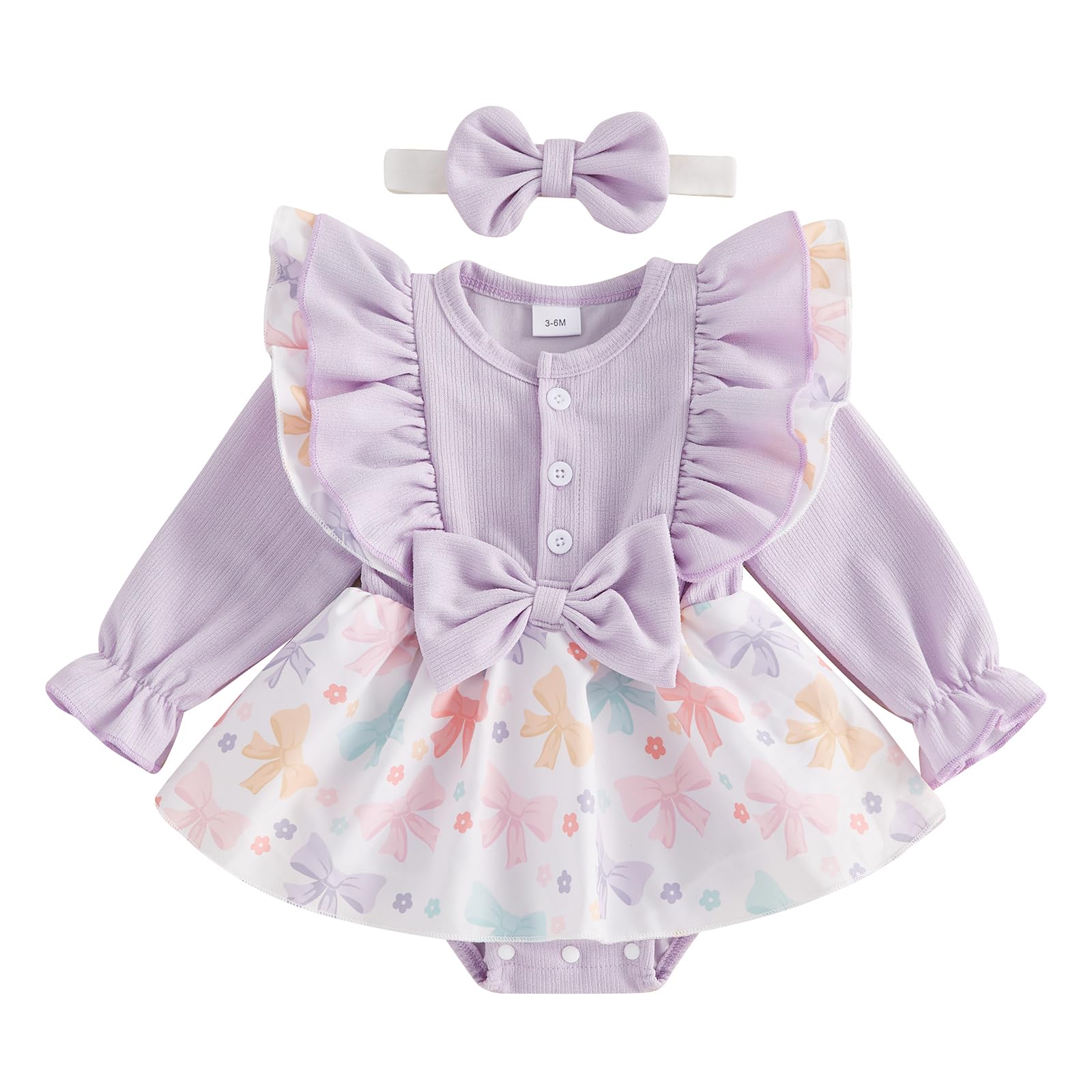 Ayalinggo Newborn Baby Girl Saint Patrick Outfit Irish Clover Romper Dress Green Four Leaf Skirt Spring Clothes With Bow (Purple Bow, 12-18 Months)