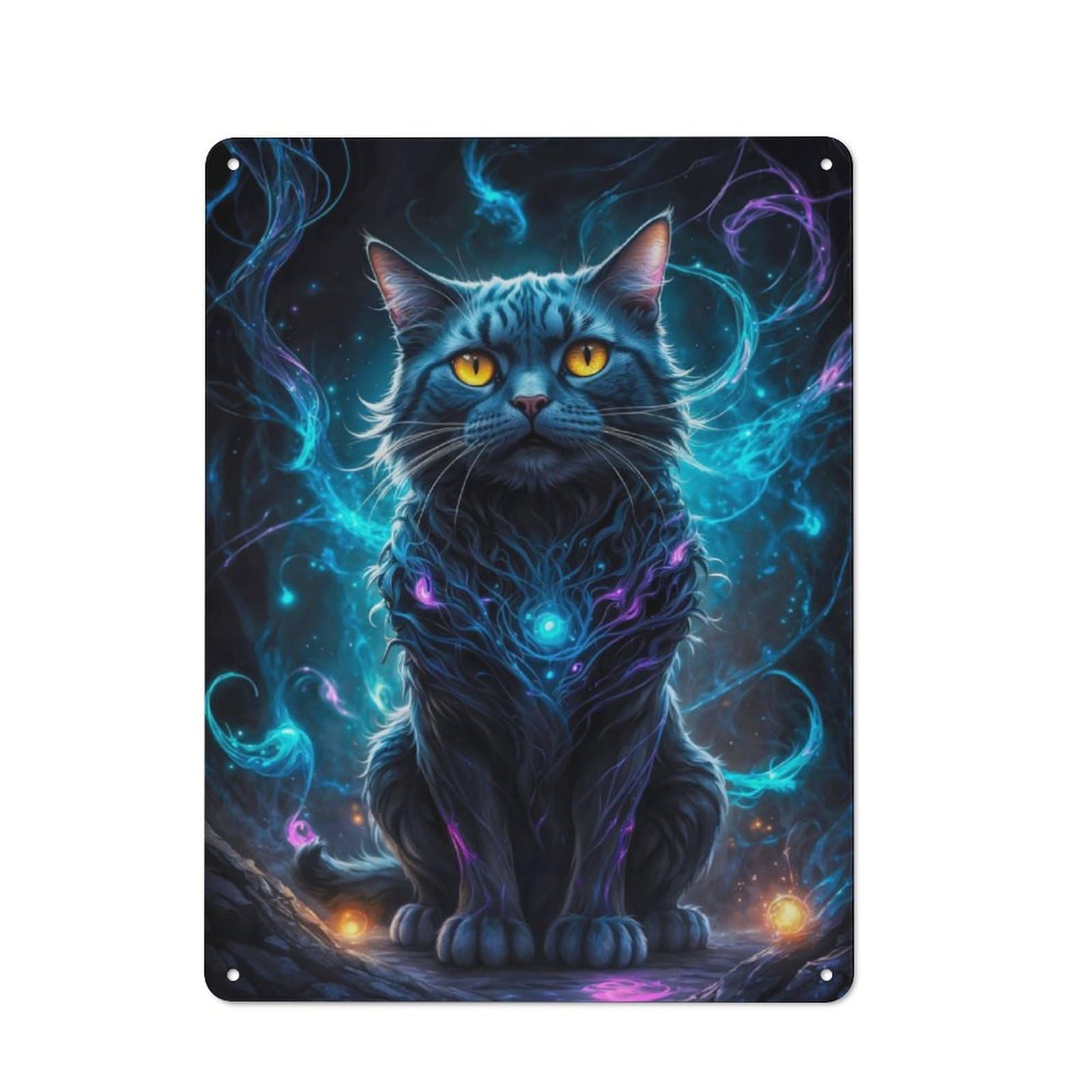 Junmoney Black Cat In Neon Space Vintage Tin Sign 40X30cm For Hobby Room Or Studio, A New Home Present For Creative Interior Collectors