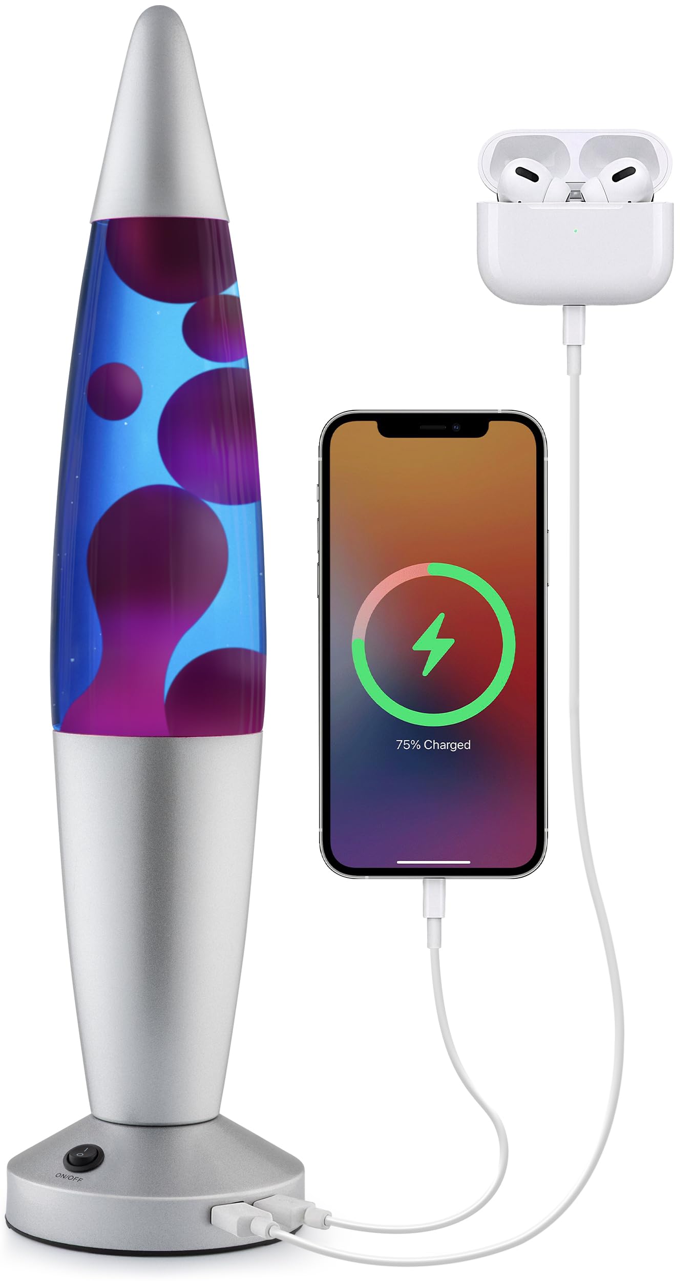 JAMBO Beautiful Liquid Lamp with USB Ports, 16" Motion Light with Blue Liquid Purple Wax, Relaxing Nightlight, Mood Light for Bedroom, Living Room, Office - Adults, Teens, Kids