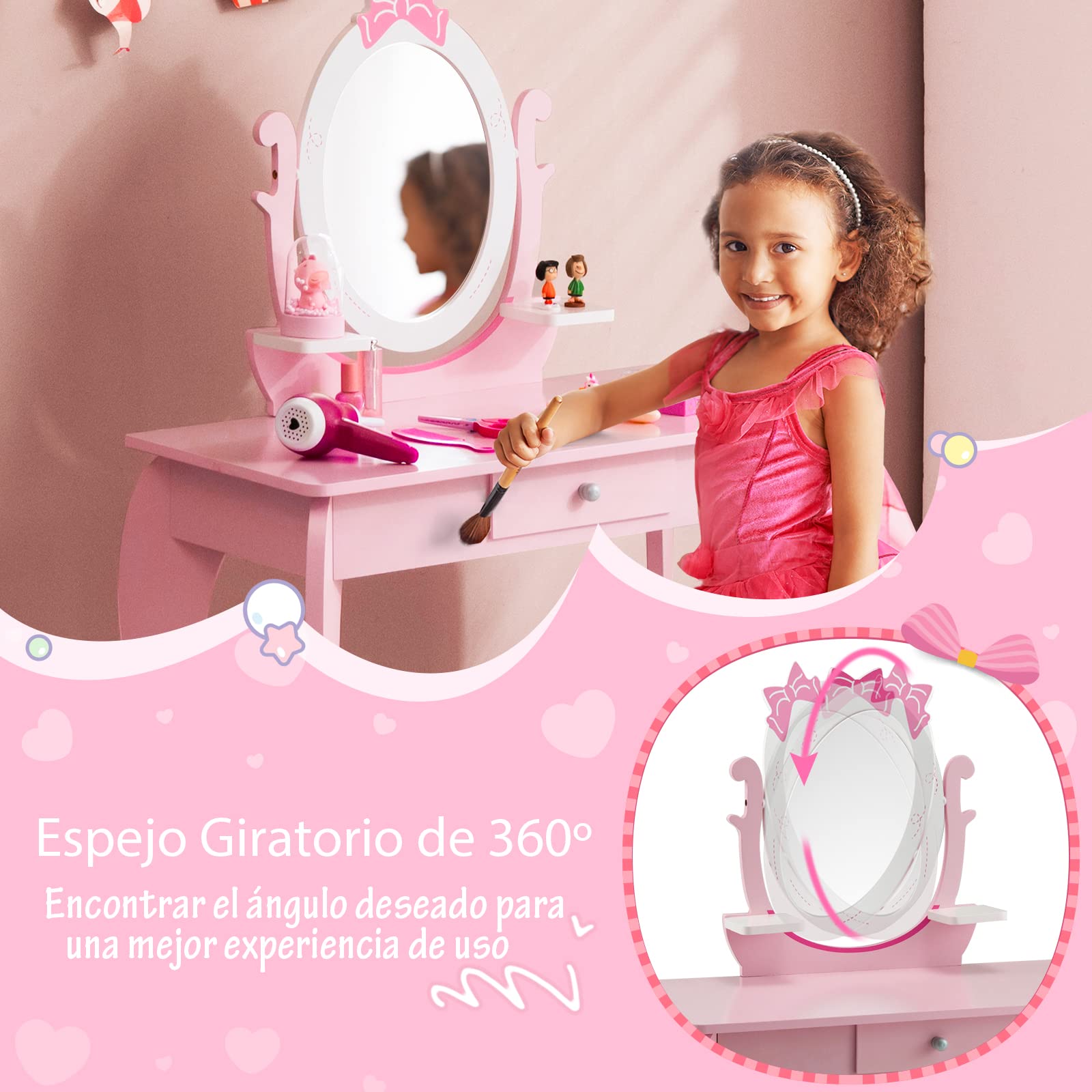COSTWAY Juego de Tocador de Maquillaje para Niñas, Mesa de Maquillaje con Taburete de Madera 2 en 1, Espejo Ovalado, Cajón, Set de Mesa y Silla de Maquillaje para Niñas de 3 a 7 Años