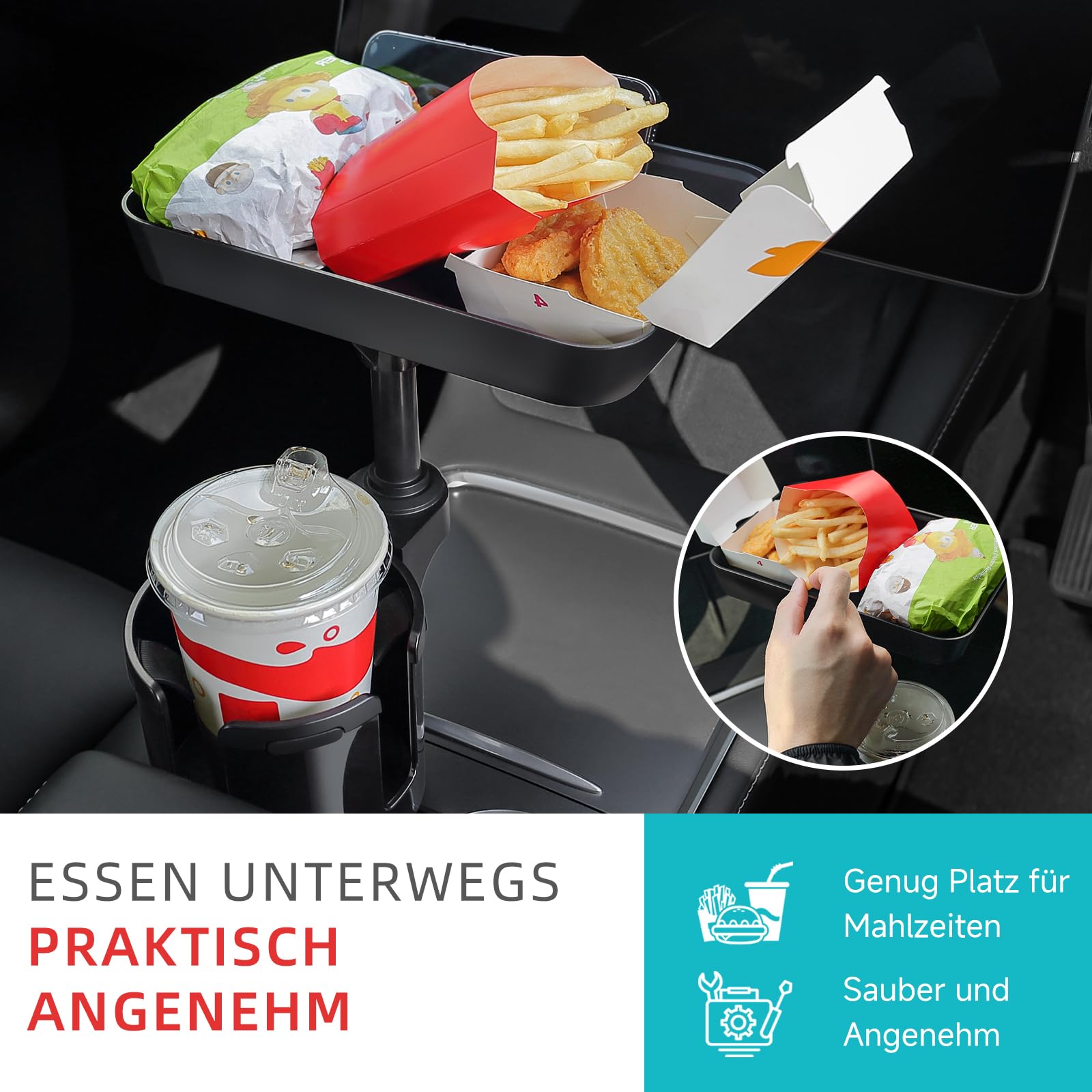 DYLEN Getränkehalter Auto, Becherhalter Auto mit 24cm abnehmbarem Tisch | Flaschenhalter Auto Kompatibel mit Stanley, andere große Flaschen in 0,5-1,5L (7,0-10,7 cm)