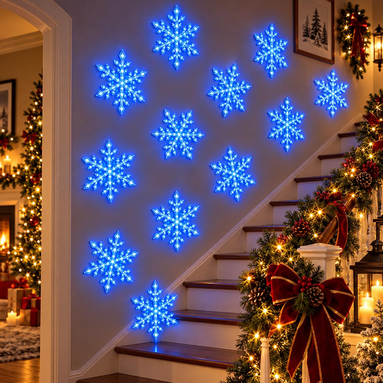 LED Snowflake Wall Lights, 3D Indoor Christmas Decorations 6Pcs (Blue_24Pcs)