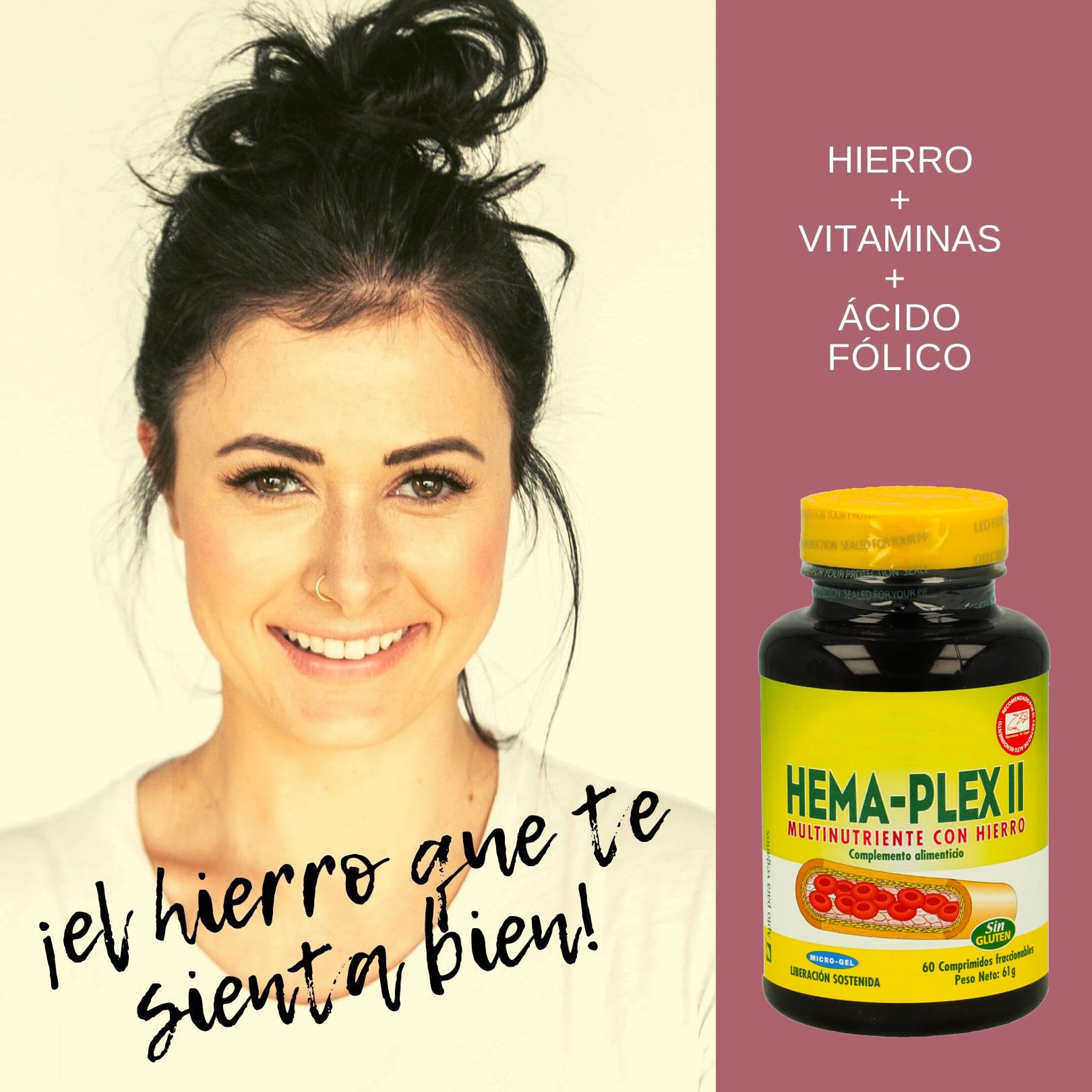 Nature´s Plus HEMA-PLEX II | Pack 2 x 60 Comprimidos | Hierro Suplemento | Acido Folico | Vitaminas B2, B6, B12 | Complemento Alimenticio | Apto para Vegetarianos | Sin Gluten | Sabor Natural