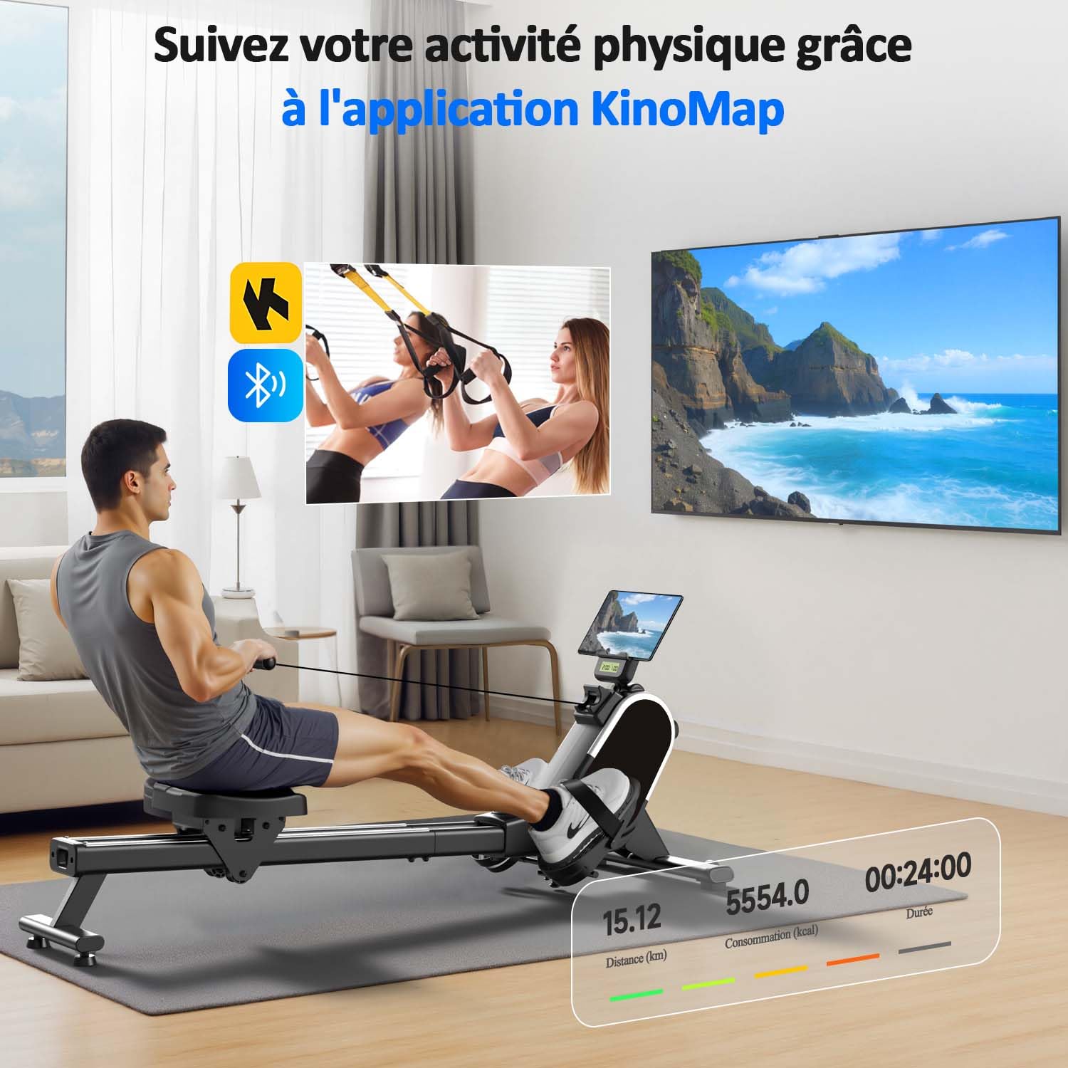 Rameur, CHAOKE Rameur Musculation D'appartement, Rameurs Magnétique Silencieux, Rowing Machine Connecter APP avec Écran LCD,16 Niveaux de Résistance, Rails Doubles Améliorés, Capacité Maximale 160KG