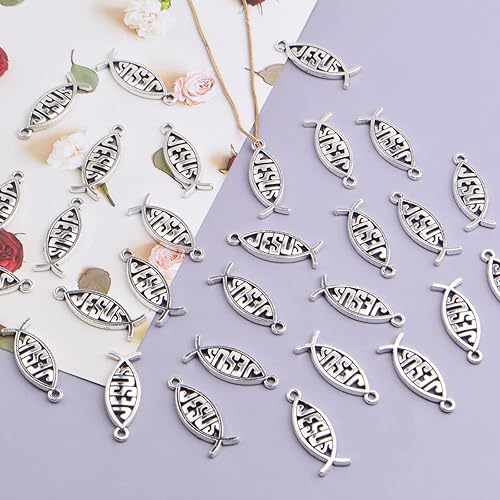 Miniatura 6 de 100 dijes de plata antigua con forma de pez de Jesús, de aleación tibetana, con forma de pez cristiano, suministros de manualidades para