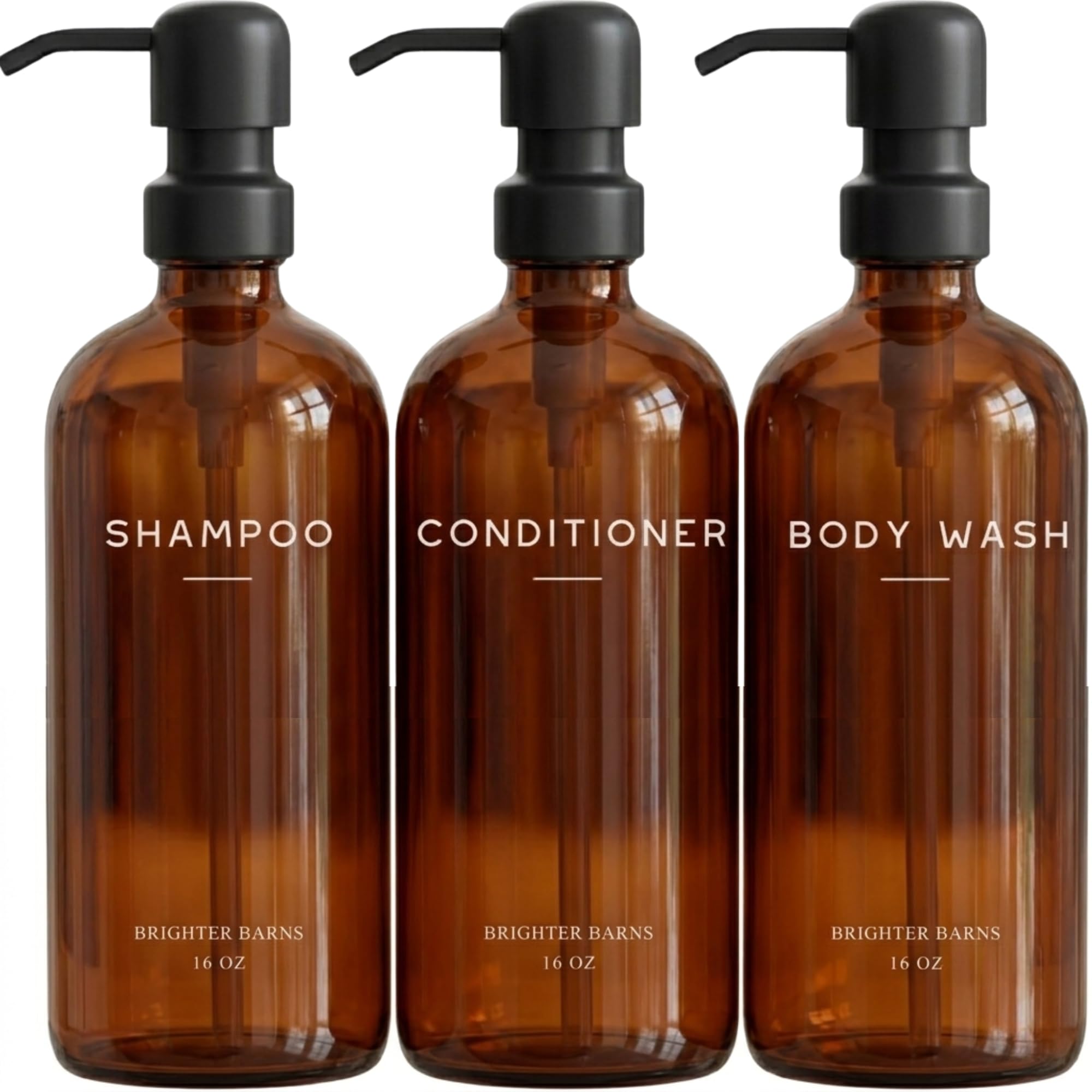 Photo 1 of Amber Shampoo and Conditioner Dispenser Set by Brighter Barns - Body Wash and Shampoo Bottles with Pump - Refillable Plastic Shower Dispenser for Modern Bathroom Decor in Vacation Rental, Spa (Amber)