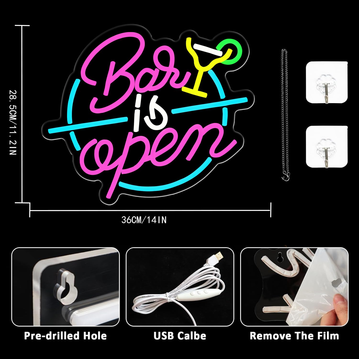 UExnkj-Y Bar Open Neon Sign Open signs USB powered LED neon light with switch, suitable for cocktail bar club, party - Image 2