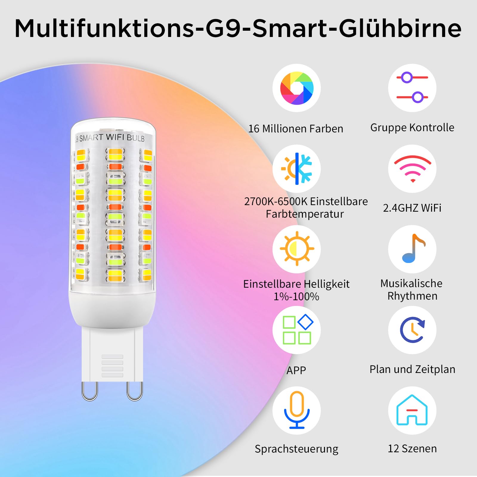 Wi-Fi RGBCW Smart G9 LED Lampen,Kompatibel mit Alexa /Google Home,AC 230V Mehrfarbrige dimmbare,2700K-6500K,Helligkeit einstellbar 1%-100%,4W,400LM,mit Musiksynchronisation LED Glühbirne,2er Pack
