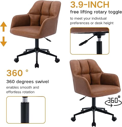 Miniatura 3 de Wahson Silla de escritorio de oficina de cuero marrón con soporte de respaldo medio, cómoda silla de computadora de altura ajustable, silla