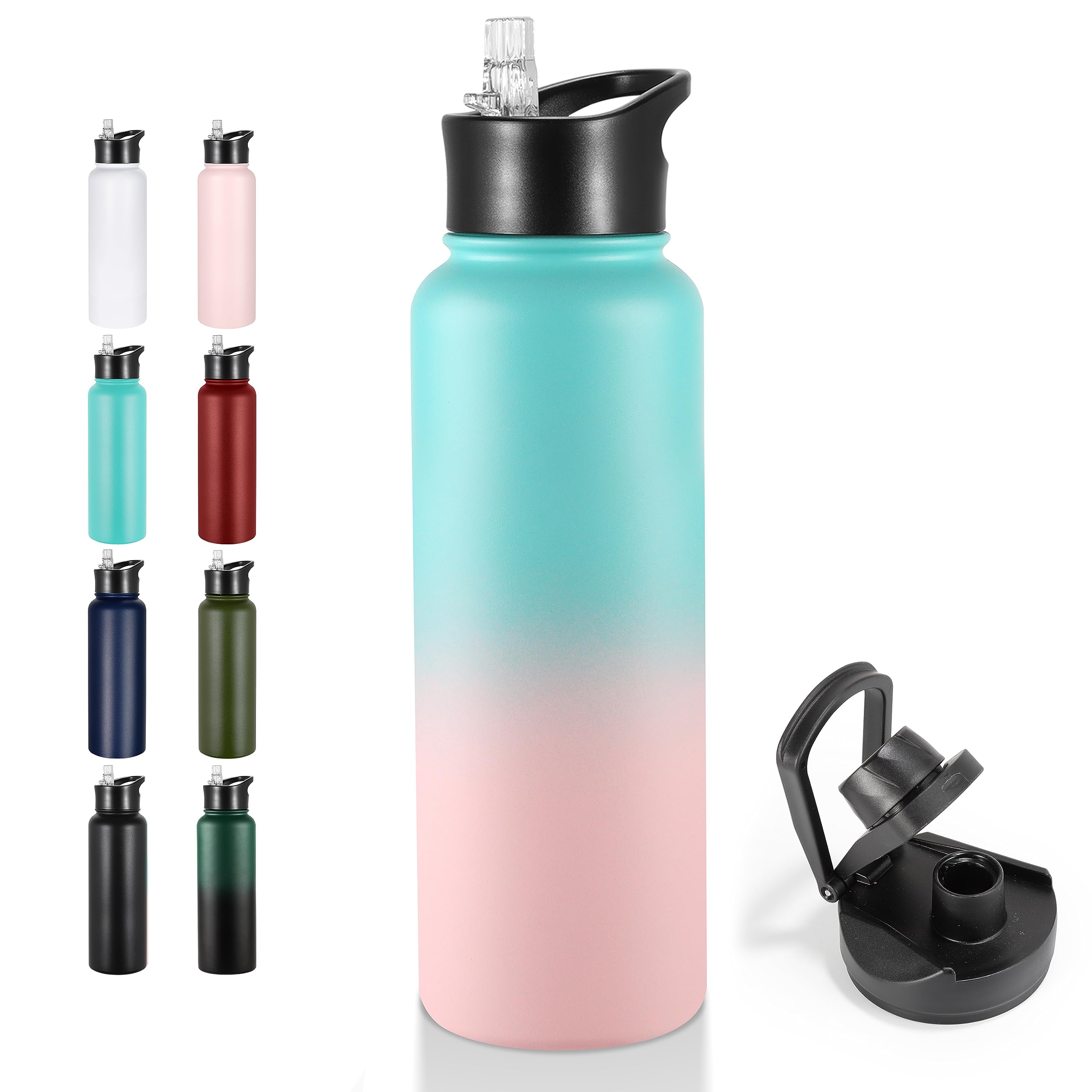VEGOND 40 oz Insulated Water Bottle Stainless Steel Metal Water Bottles with Leak Proof Straw Lid & Spout Lid, Wide Mouth Double Walled Vacuum Travel