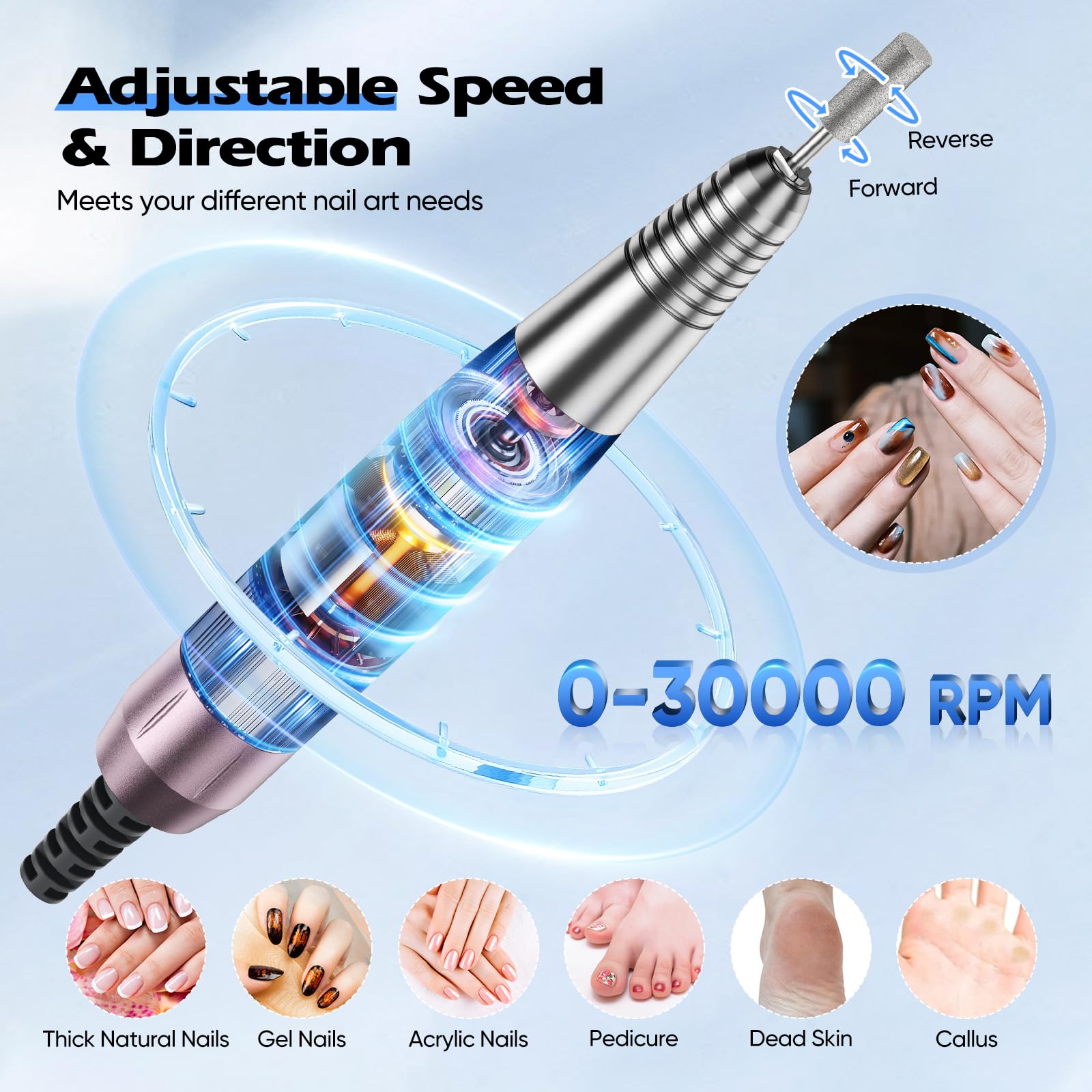 Taladro de uñas eléctrico 4 en 1 con extractor de 80 W y filtro lavable - Cortaúñas profesional de 30 000 RPM con luz LED de 5 W, 3 limas de media luna de doble cara para manicura