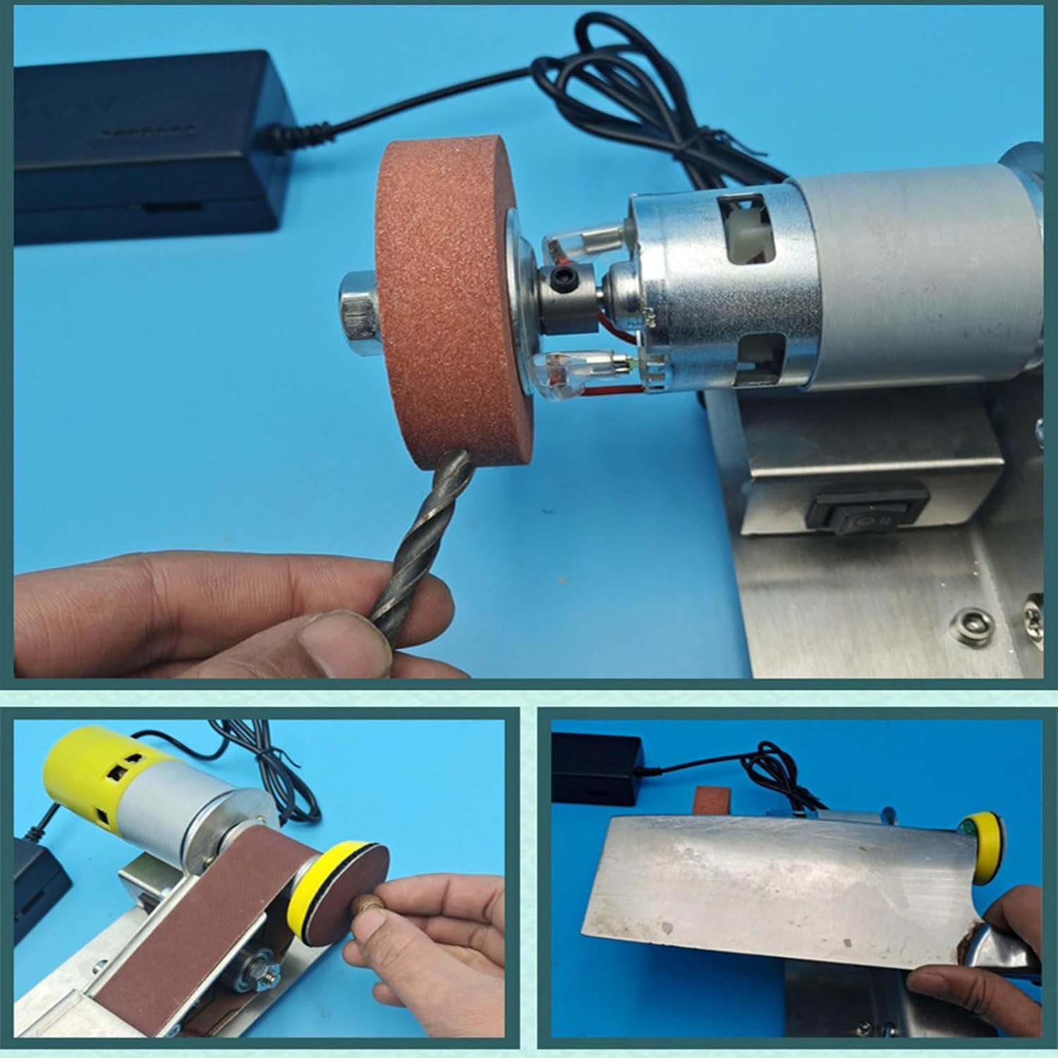 Lijadora de banda eléctrica, lijadora de banco de 15 grados con 30 bandas de lijado, 7 velocidades ajustables, para manualidades, herramientas y cuchillos de metal y madera