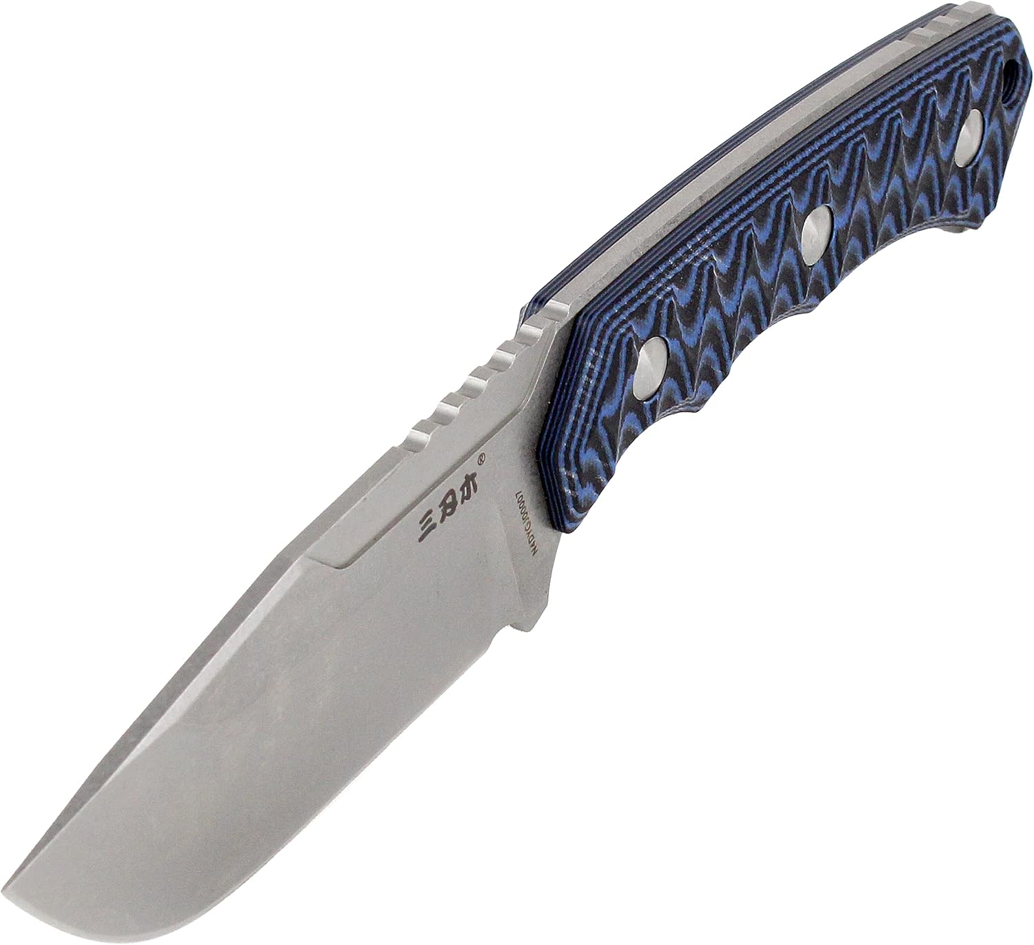 MASTIFF GEARS® Sanrenmu (SRM) S738 Full Tang Fixed-Blade Knife w/Molded Polymer Sheath, 8.5", 8Cr13Mov Stainless Steel EDC Straight Knife for Outdoor,Hunting,Survival (Gray Stonewash/Blue G10)