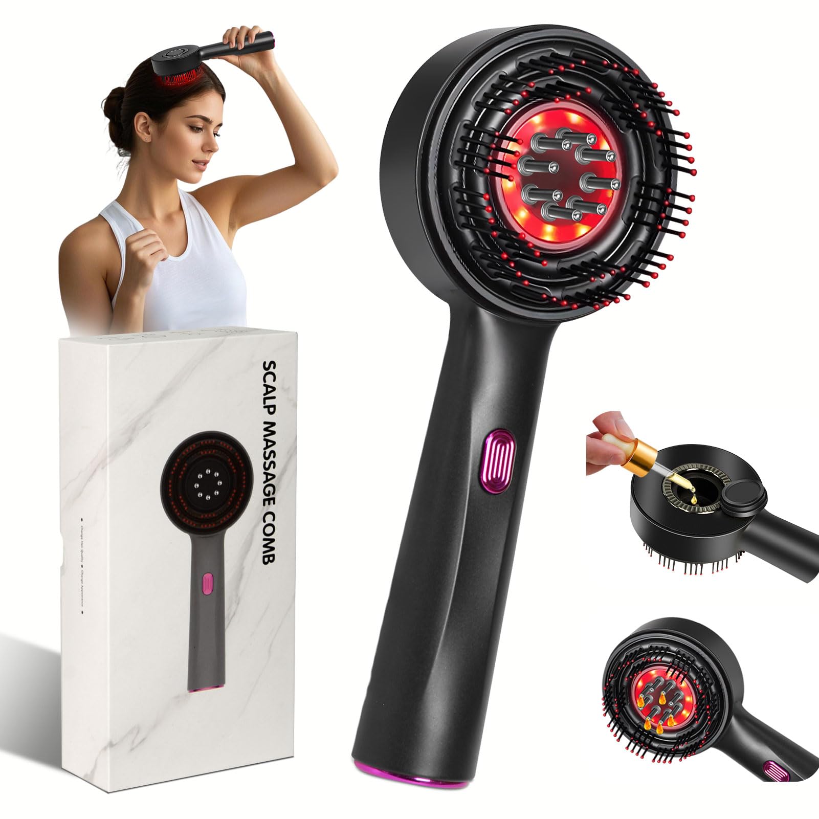 Laser Therapy Hair Growth Comb, Red Light Hair Brush, 360° Electric Scalp Massager for Hair Care, Red Light Therapy for Hair Growth, Hair Oil Applicator, IPX7 Waterproof